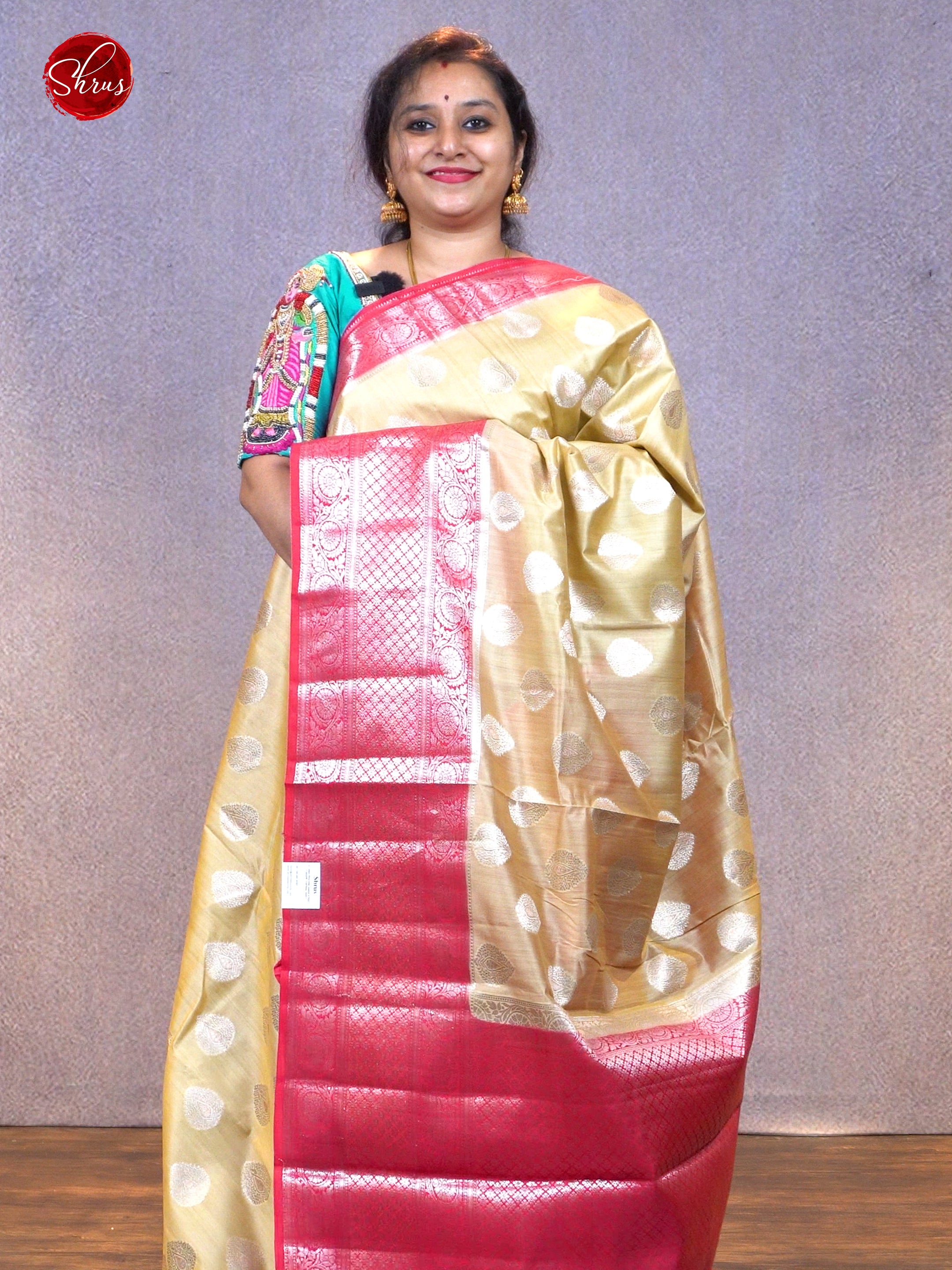 Beige & Red - Chiniya Silk with zari woven floral motifs on the Body & Zari Border - Shop on ShrusEternity.com