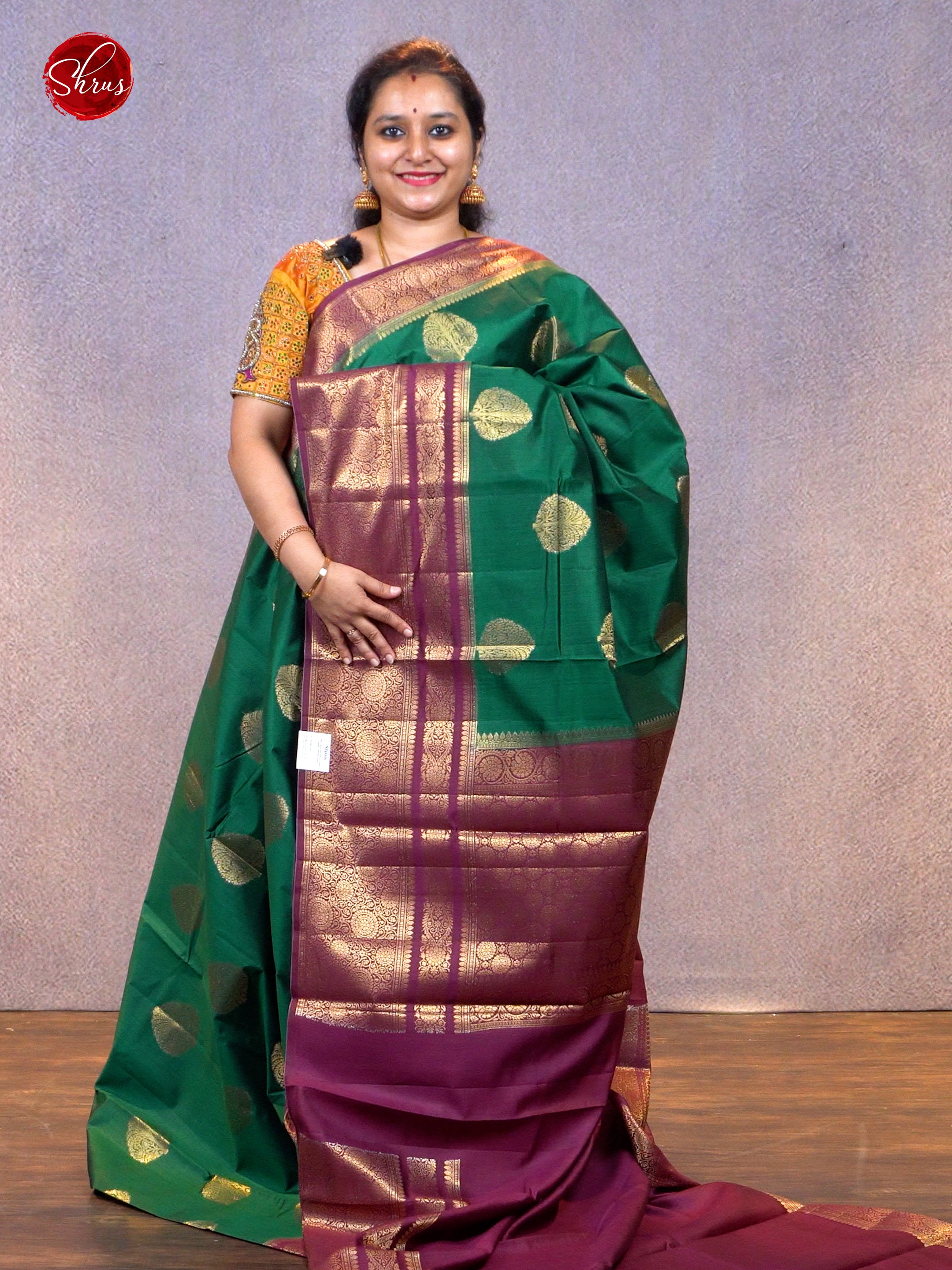 Green & Wine - Chiniya Silk with Zari woven floral motifs on the body & Zari Border - Shop on ShrusEternity.com