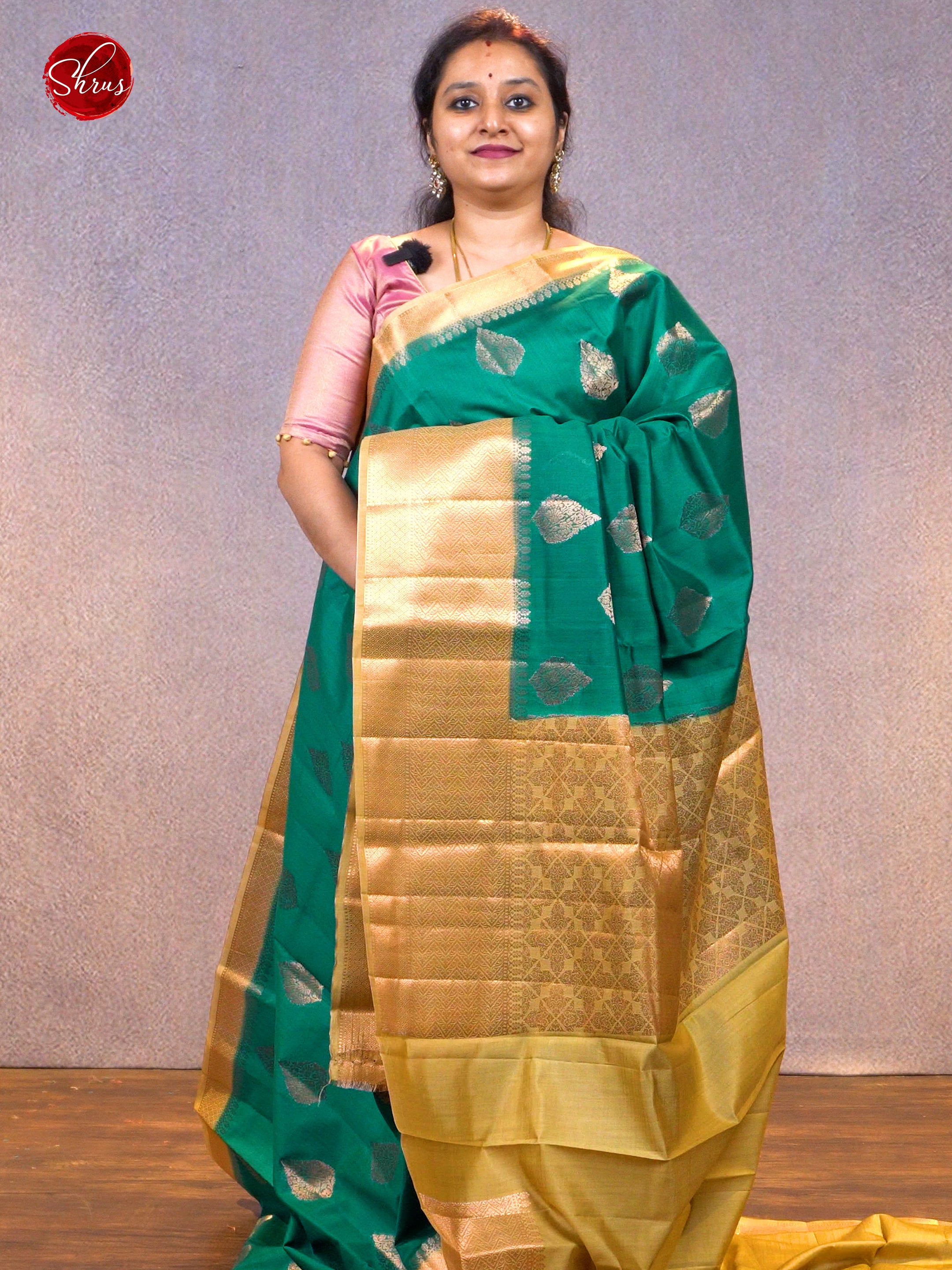 Teal Green & Beige - Chiniya Silk with Zari woven floral motifs on the body & Zari Border - Shop on ShrusEternity.com