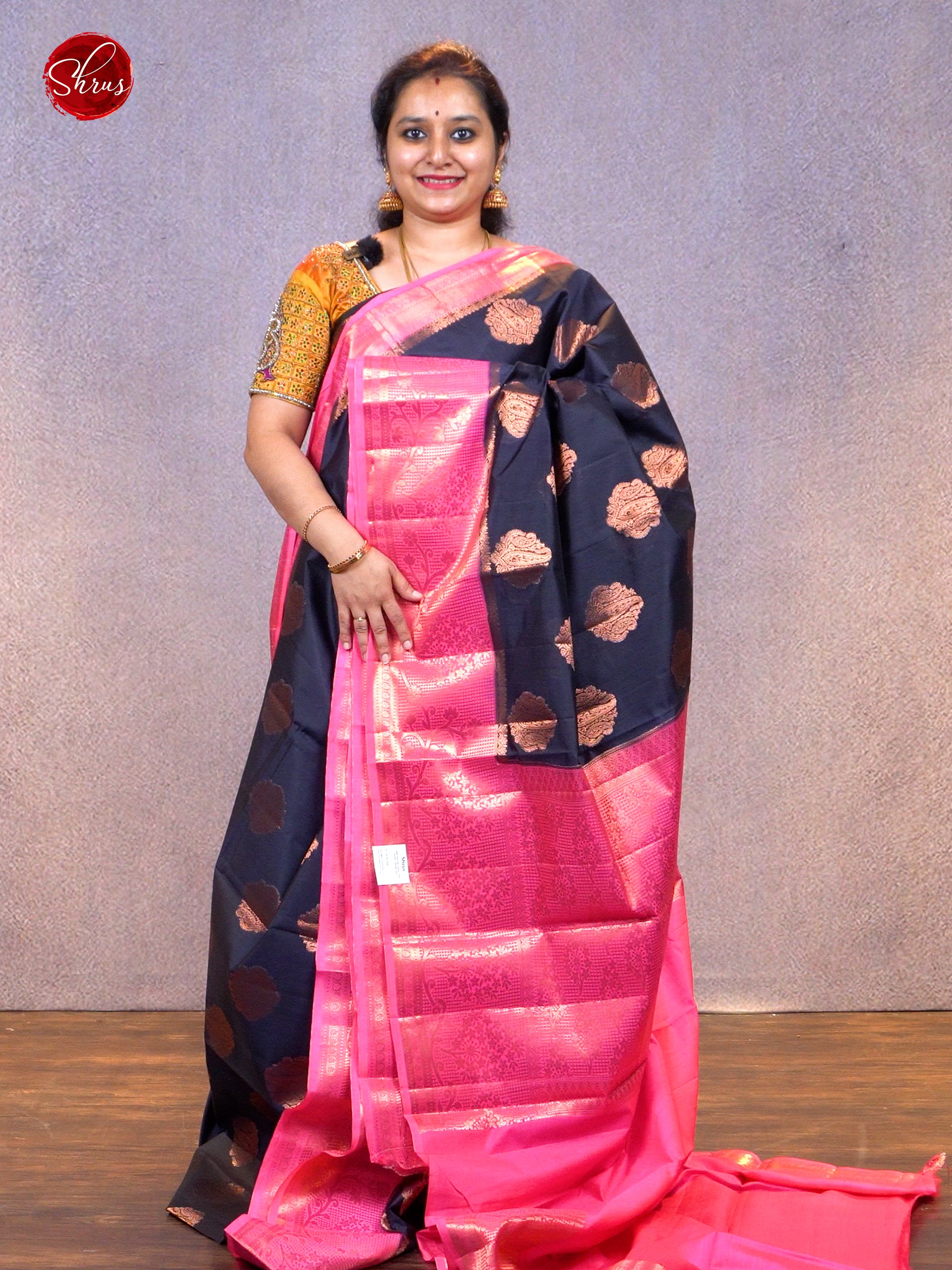 Blue & Pink - Chiniya Silk with Zari woven floral motifs on the body & Zari Border - Shop on ShrusEternity.com