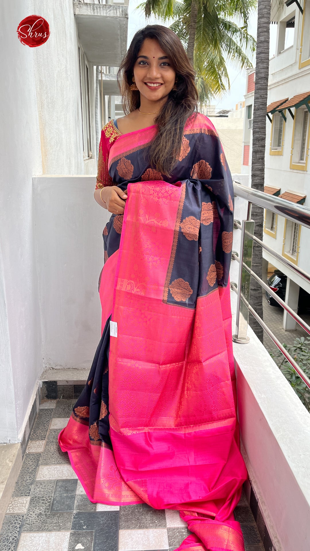 Blue & Pink - Chiniya Silk with Zari woven floral motifs on the body & Zari Border - Shop on ShrusEternity.com