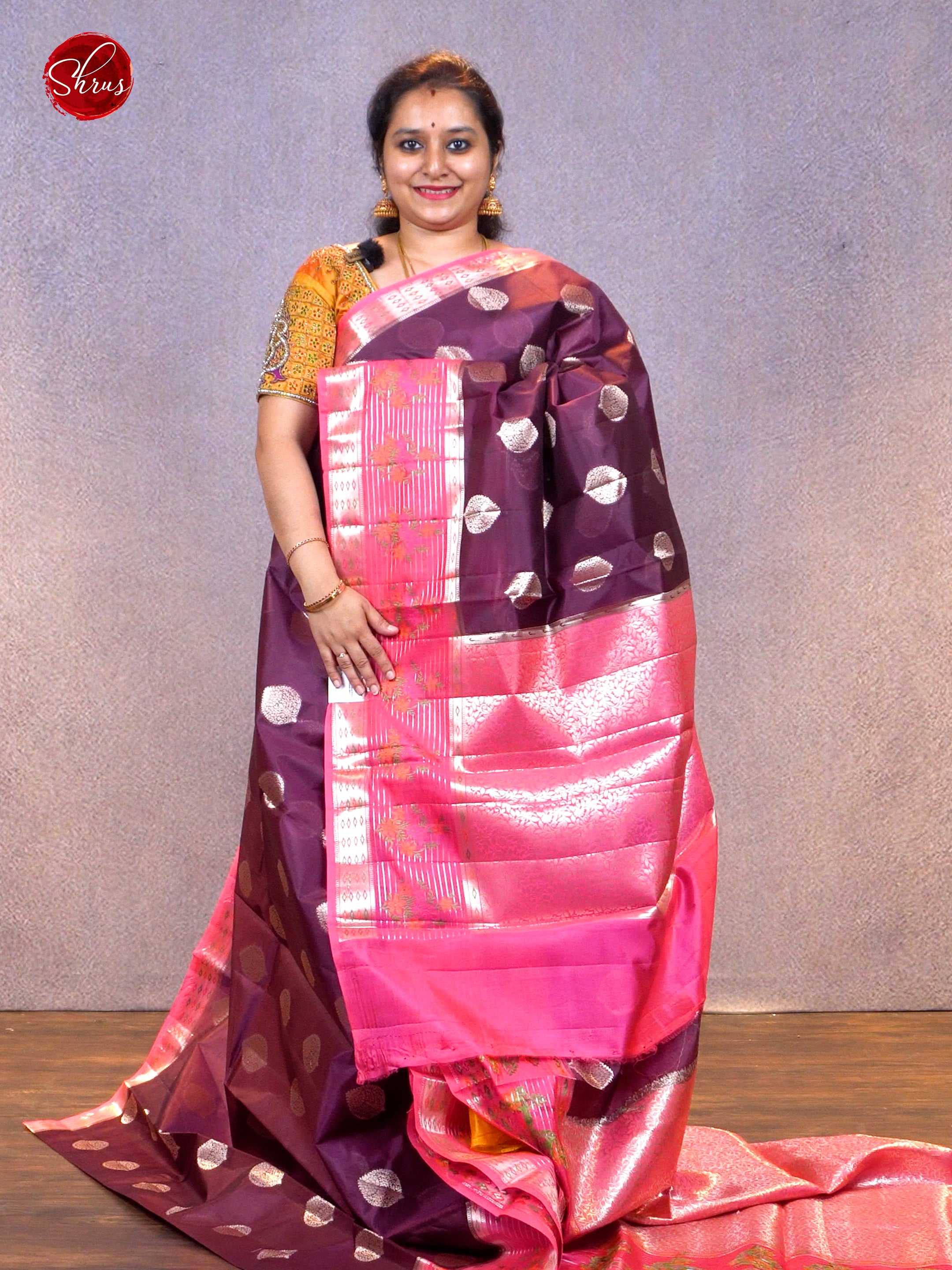 Wine & Pink- Chiniya Silk with Zari woven floral motifs on the body& Zari Border - Shop on ShrusEternity.com