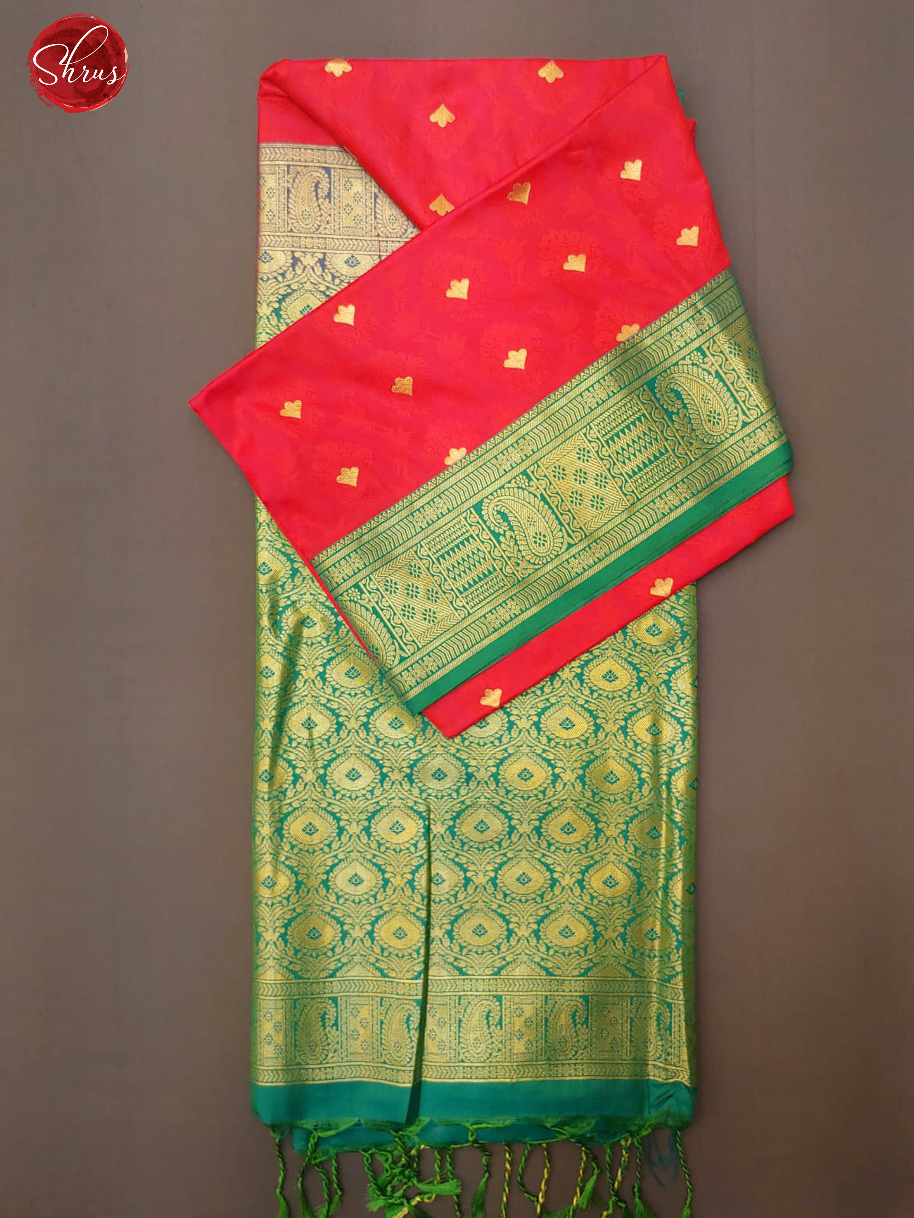 Red & Green- Semi Kanchipuram Silk with zari buttas , self jacquard on the body& Zari Border - Shop on ShrusEternity.com