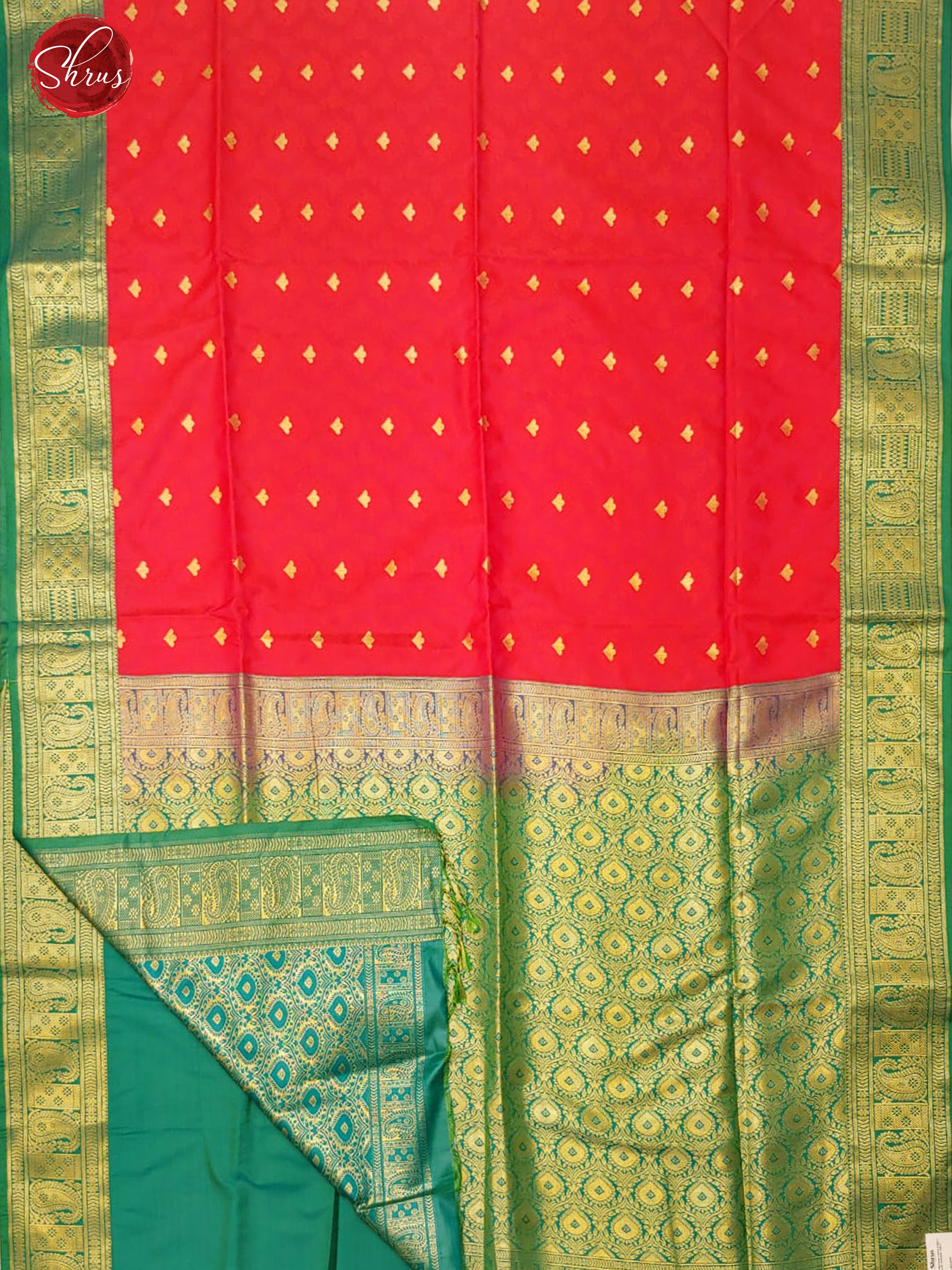 Red & Green- Semi Kanchipuram Silk with zari buttas , self jacquard on the body& Zari Border - Shop on ShrusEternity.com