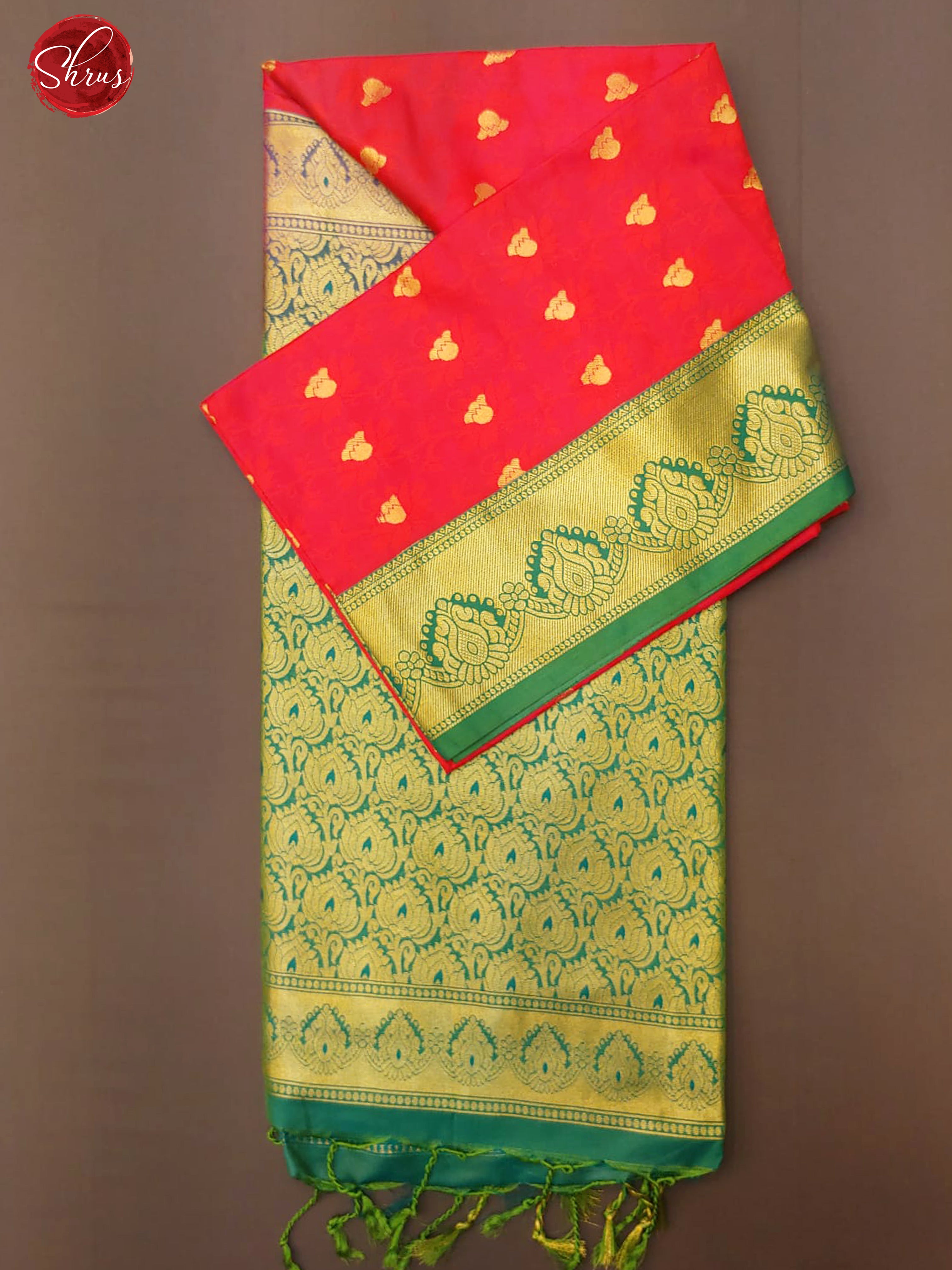 Red & Green - Semi Kanchipuram Silk with zari Buttas on the body & Contrast Zari Border - Shop on ShrusEternity.com