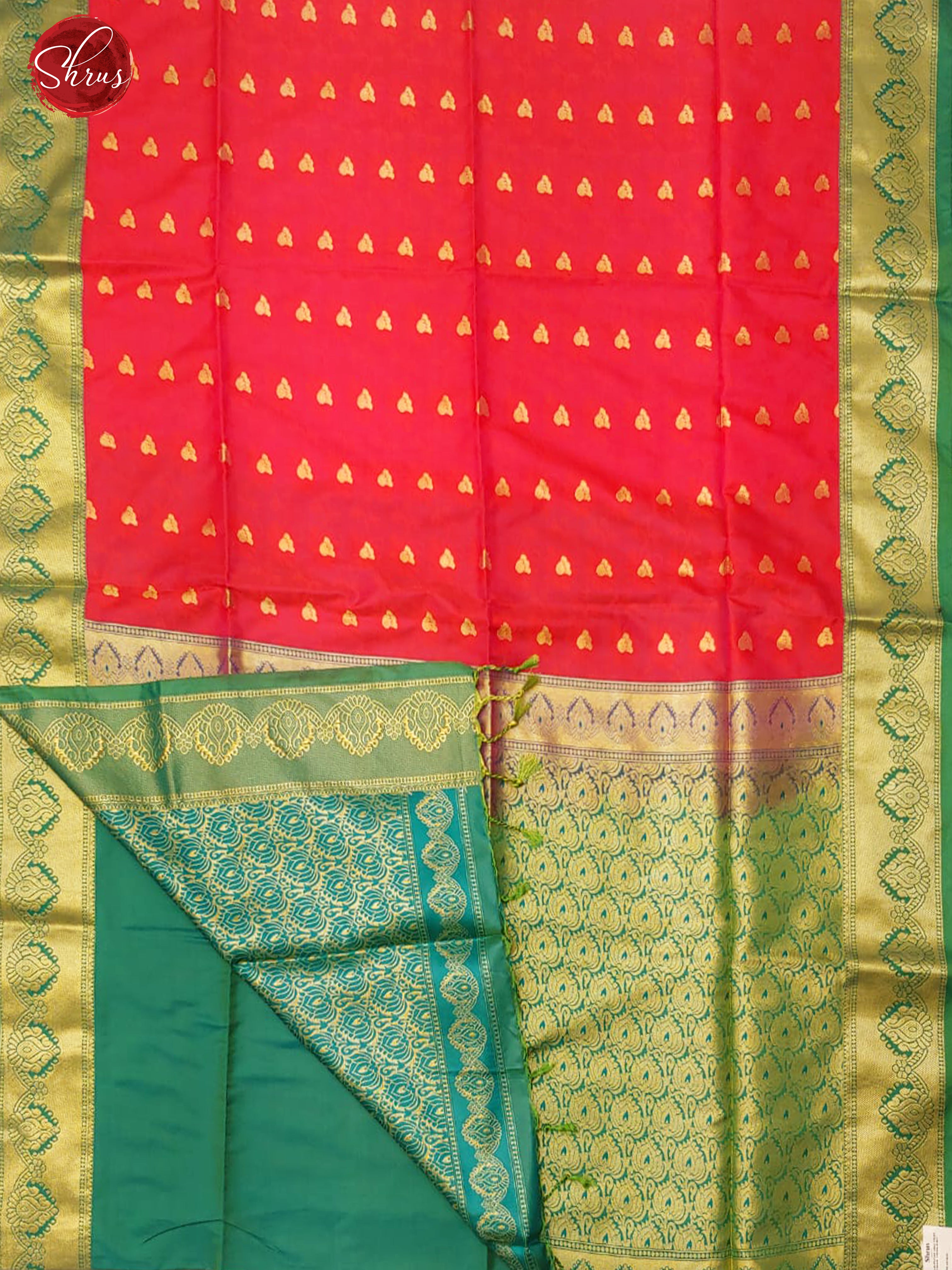 Red & Green - Semi Kanchipuram Silk with zari Buttas on the body & Contrast Zari Border - Shop on ShrusEternity.com