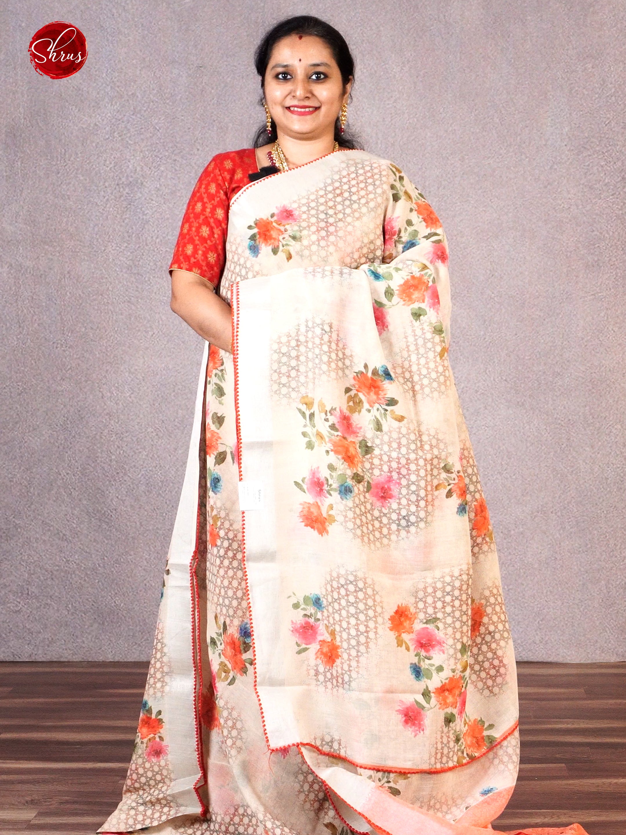 Beige & Pink - Linen with floral print on the body & Zari Border - Shop on ShrusEternity.com