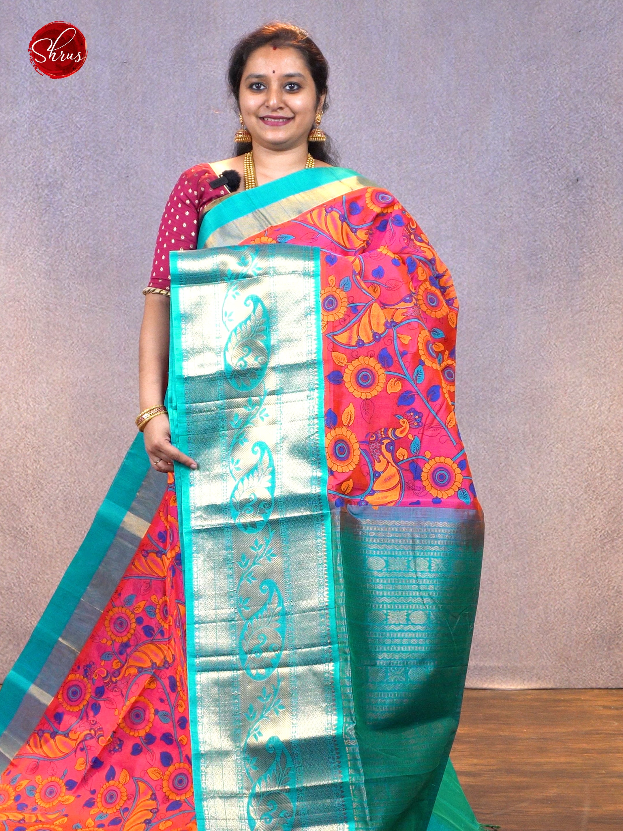 Pink & Teal - Silk Cotton with kalamkari print on the body & Zari Border - Shop on ShrusEternity.com