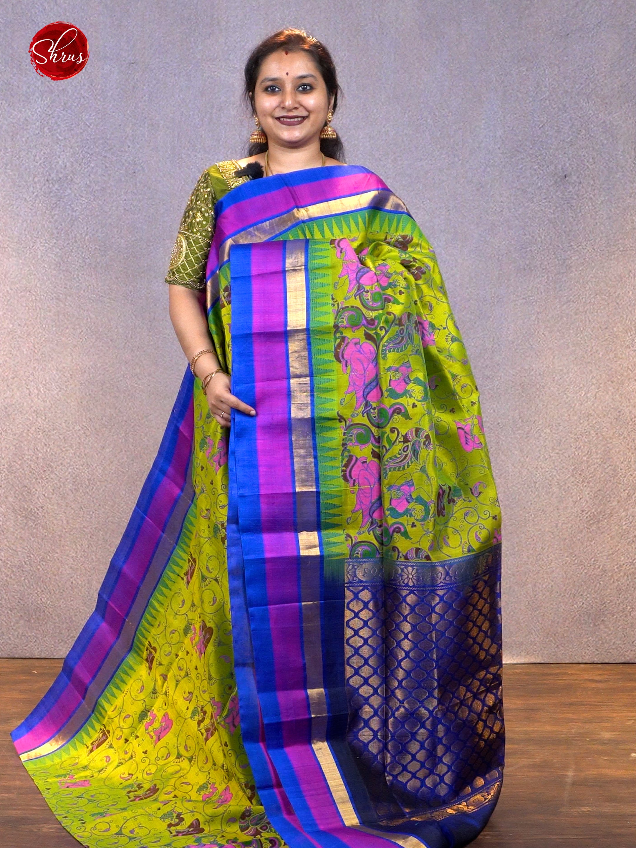 Green & Blue- Silk Cotton with Kalamkari print on the body & Zari Border - Shop on ShrusEternity.com