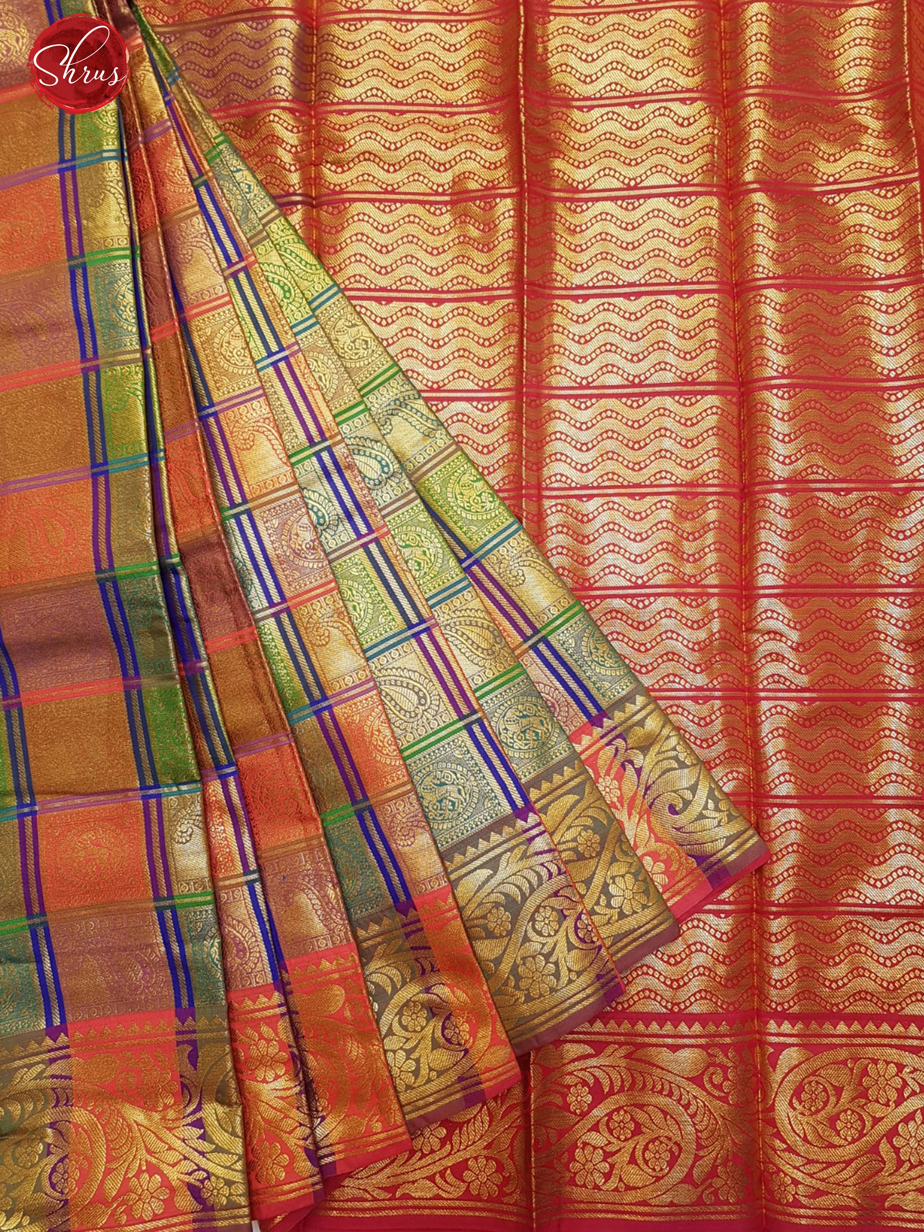Multicolor & Red- Semi Kanchipuram Silk with zari brocade on the body& Zari Border - Shop on ShrusEternity.com