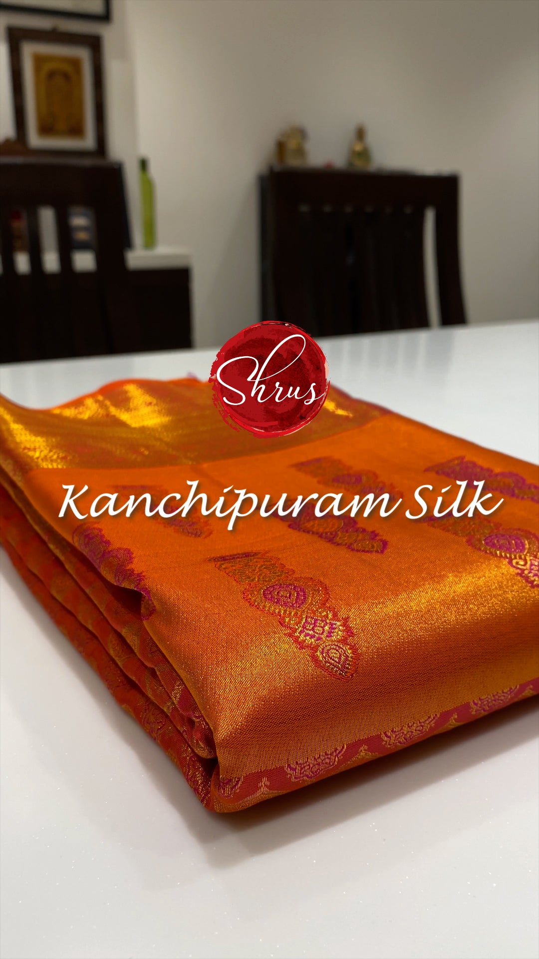 Orangish Pink (Single Tone) - Kanchipuram Silk with Gold Zari woven body & Abstract Border - Shop on ShrusEternity.com