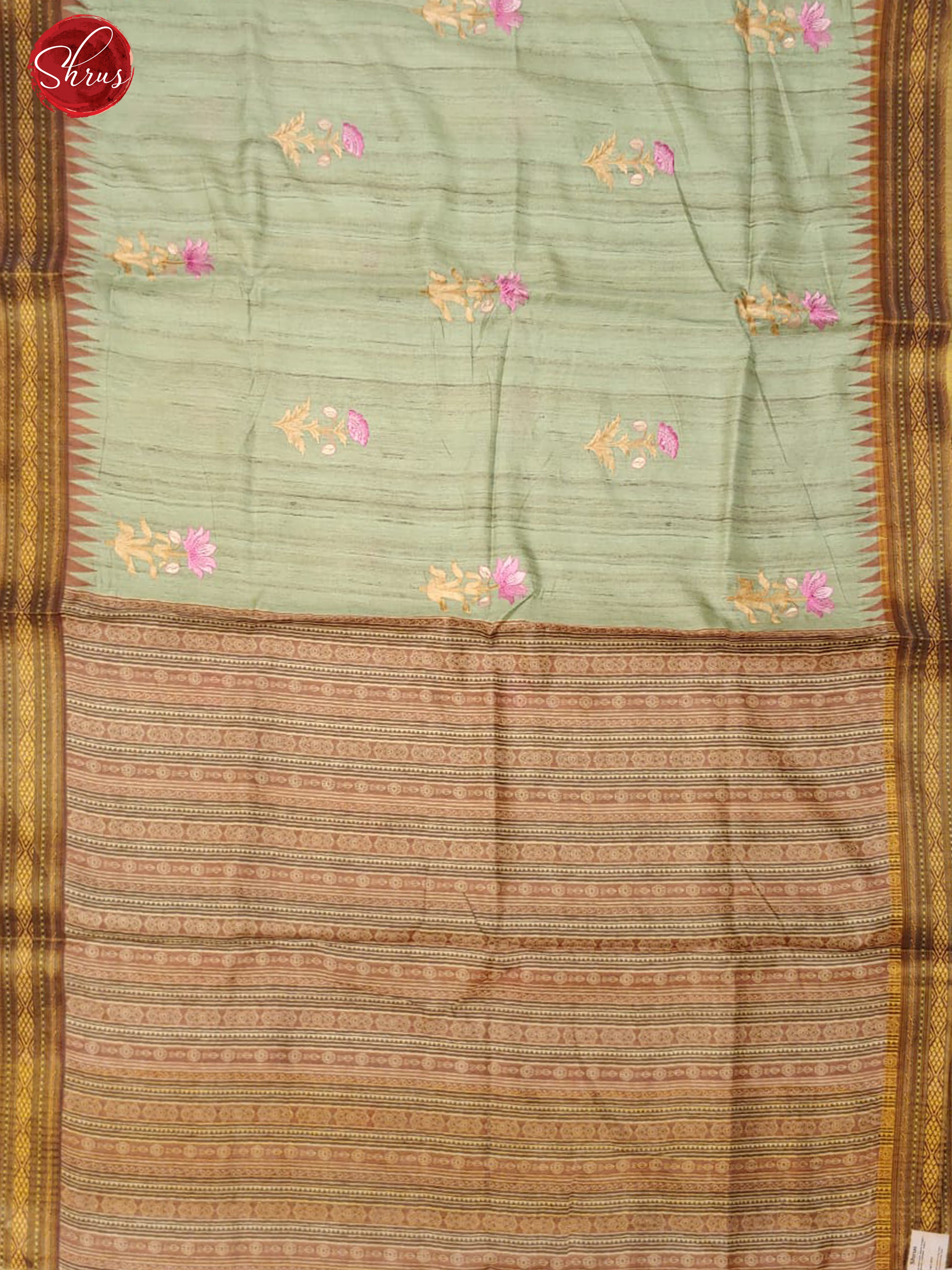 Green & Brown - Semi Tussar with floral embroidery on the body & Contrast Border - Shop on ShrusEternity.com