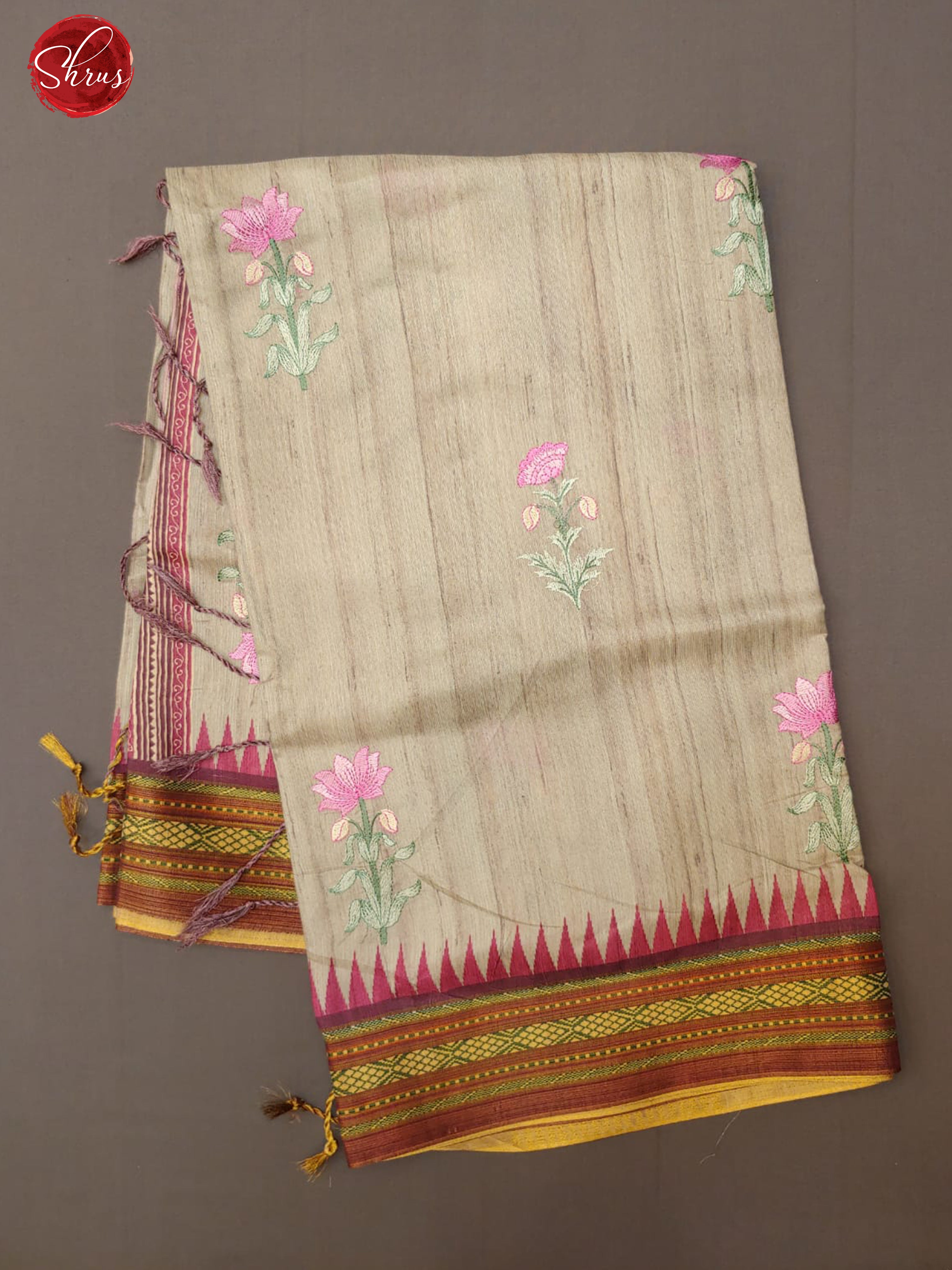 Grey & Pink - Semi Tussar with floral embroidery on the body & Contrast Zari Border - Shop on ShrusEternity.com
