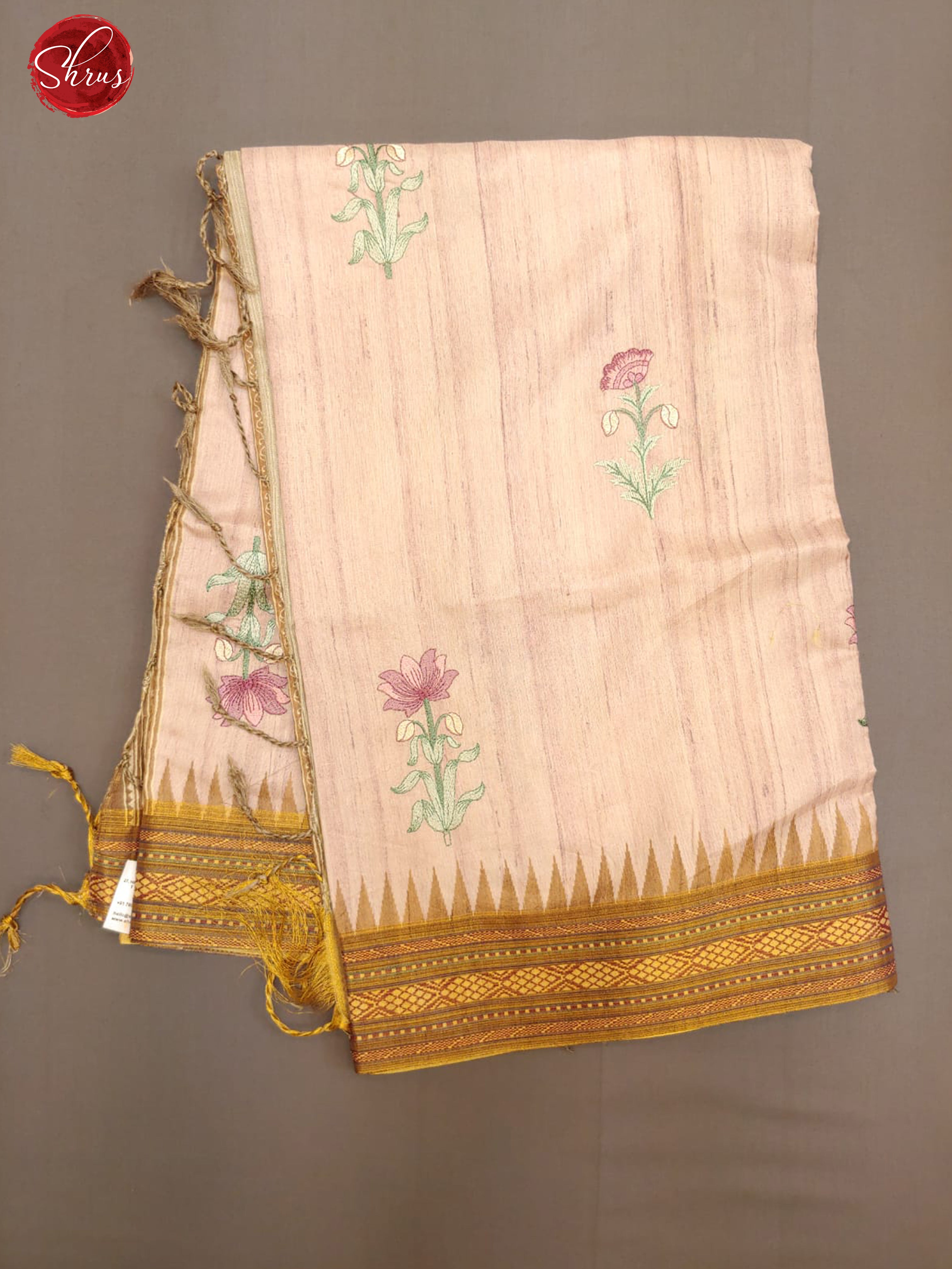 Light Pink & Brown - Semi Tusar with floral embroidery on the body& Contrast Zari Border - Shop on ShrusEternity.com