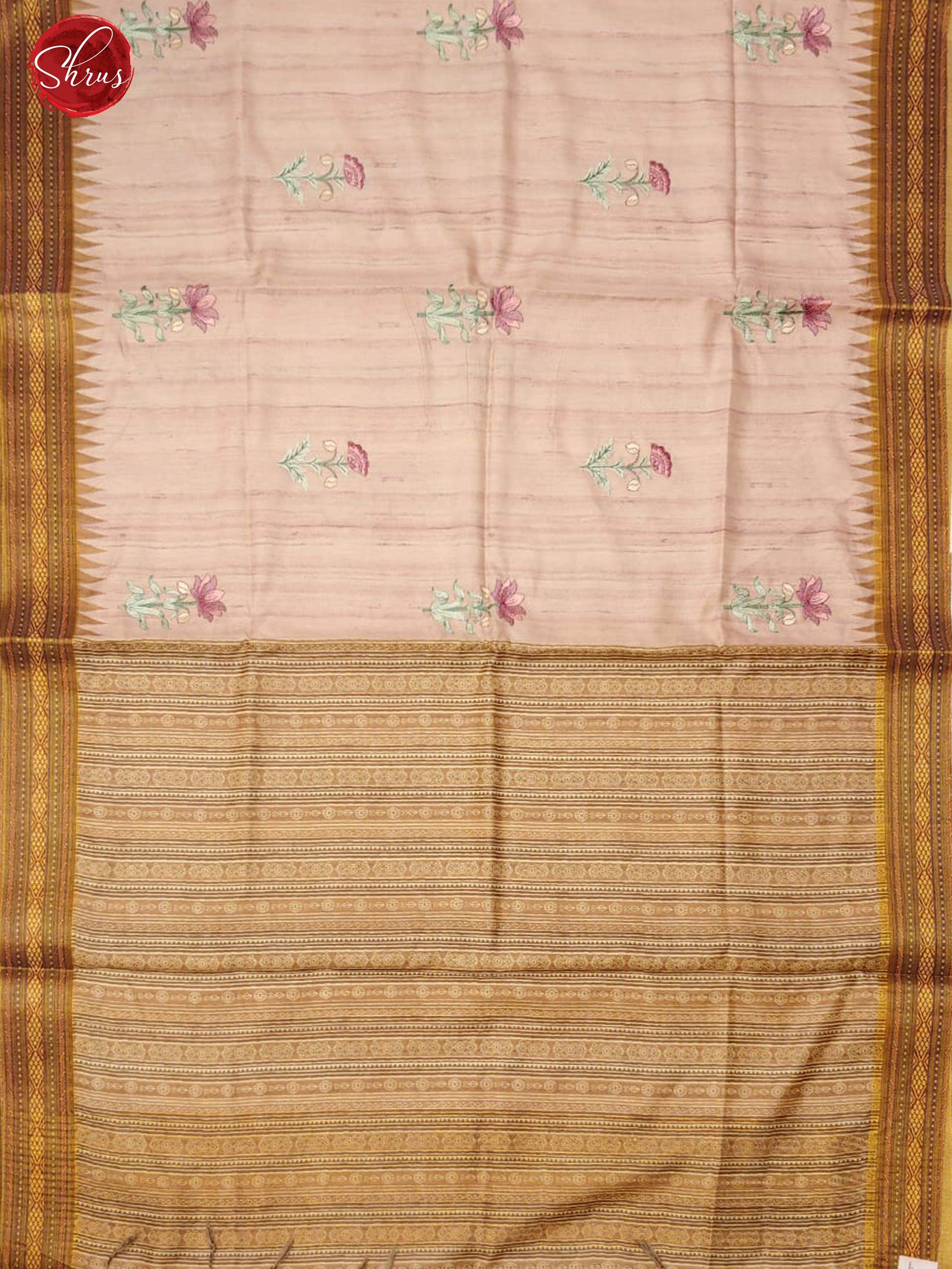 Light Pink & Brown - Semi Tusar with floral embroidery on the body& Contrast Zari Border - Shop on ShrusEternity.com