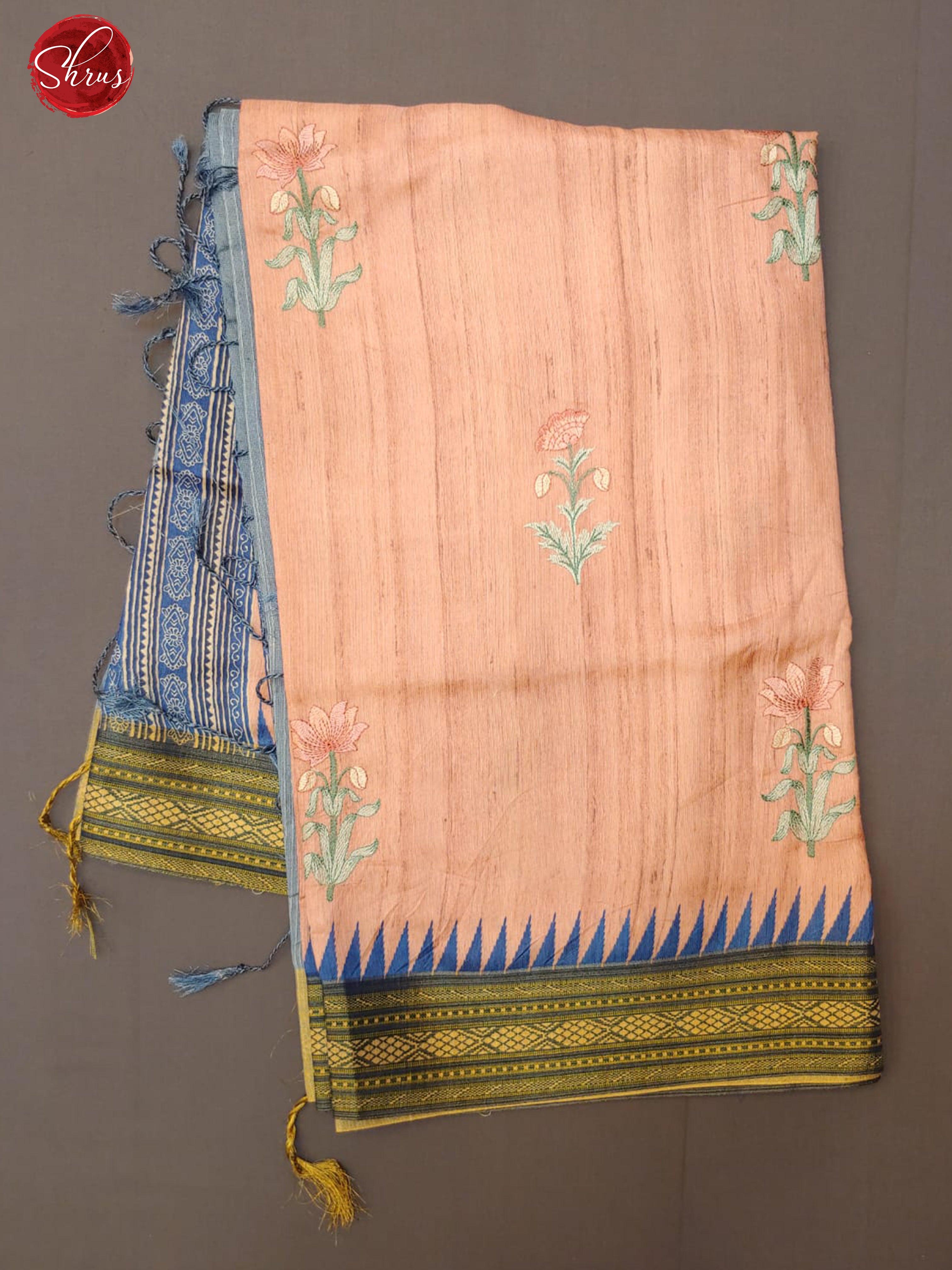 Dusty Pink & Blue - Semi Tussar with floral embroidery on the body & Contrast Zari Border - Shop on ShrusEternity.com
