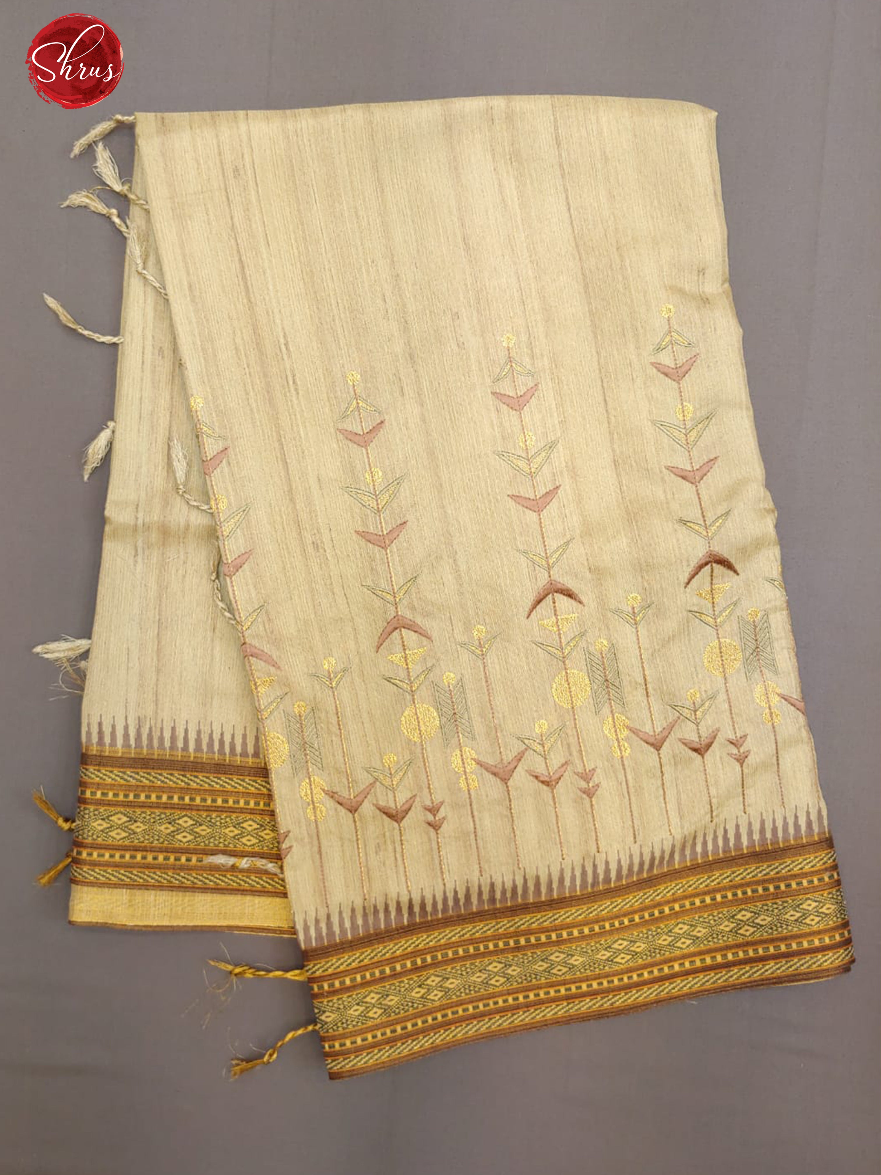 Beige & Brown - Semi Tussar with floral embroidery on the body & Zari Border - Shop on ShrusEternity.com