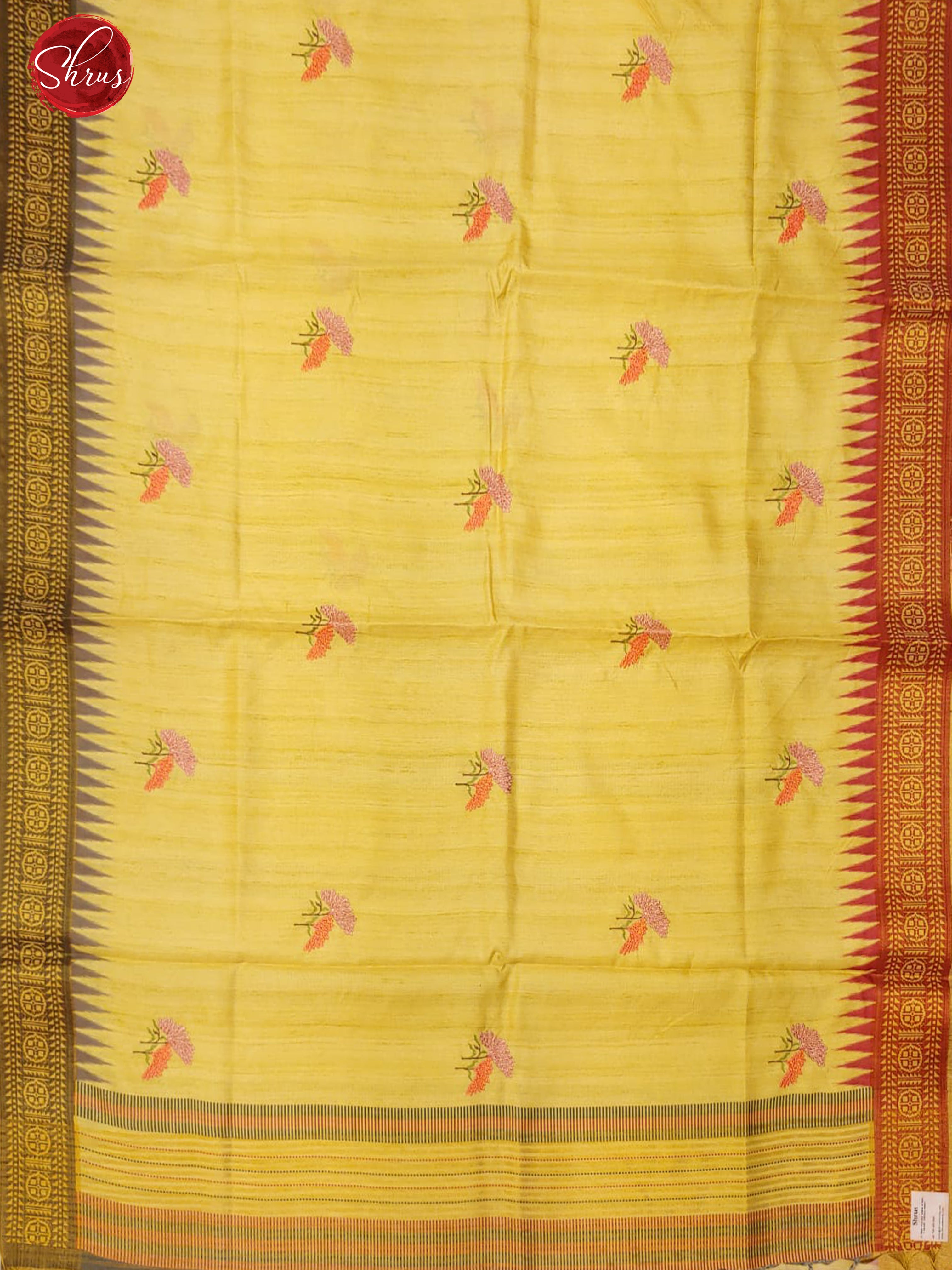 Yellow & Red - Semi Tussar with floral embroidery on the body& Zari Border - Shop on ShrusEternity.com