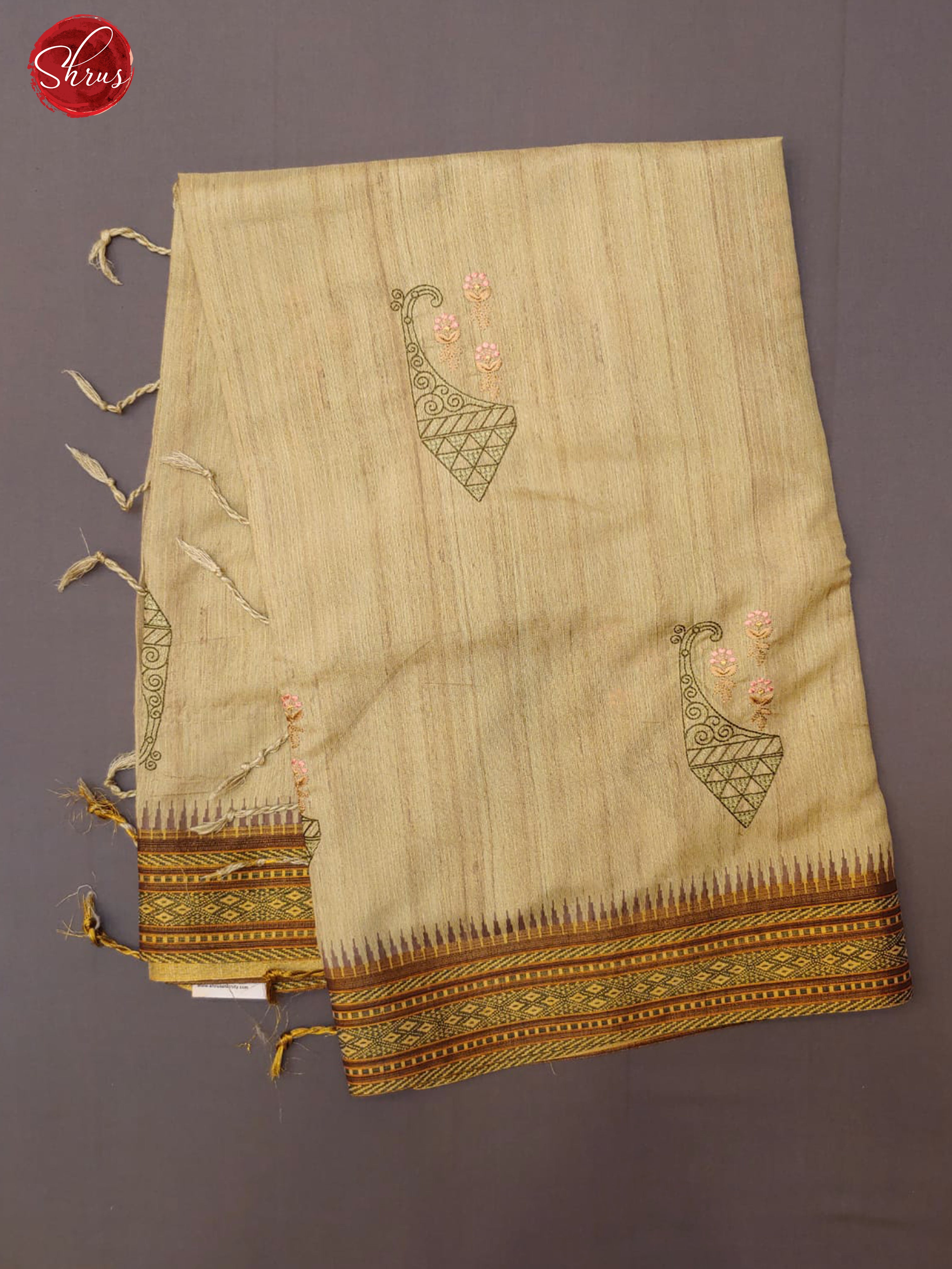 Beige & Brown - Semi Tussar with floral embroidery on the body & Zari Border - Shop on ShrusEternity.com