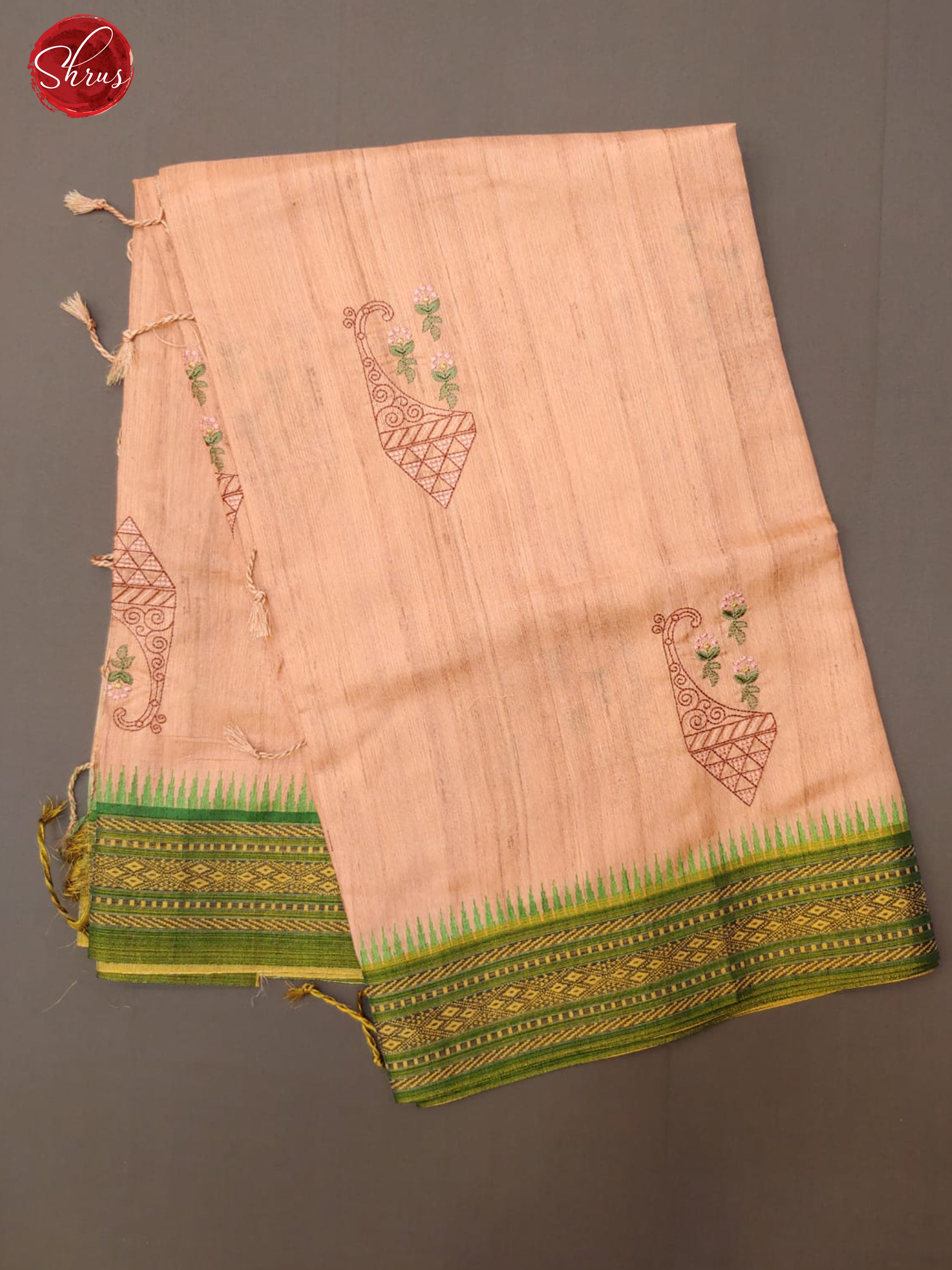 Light Pink & Green- Semi Tussar with floral embroidery on the body & Contrast Zari Border - Shop on ShrusEternity.com