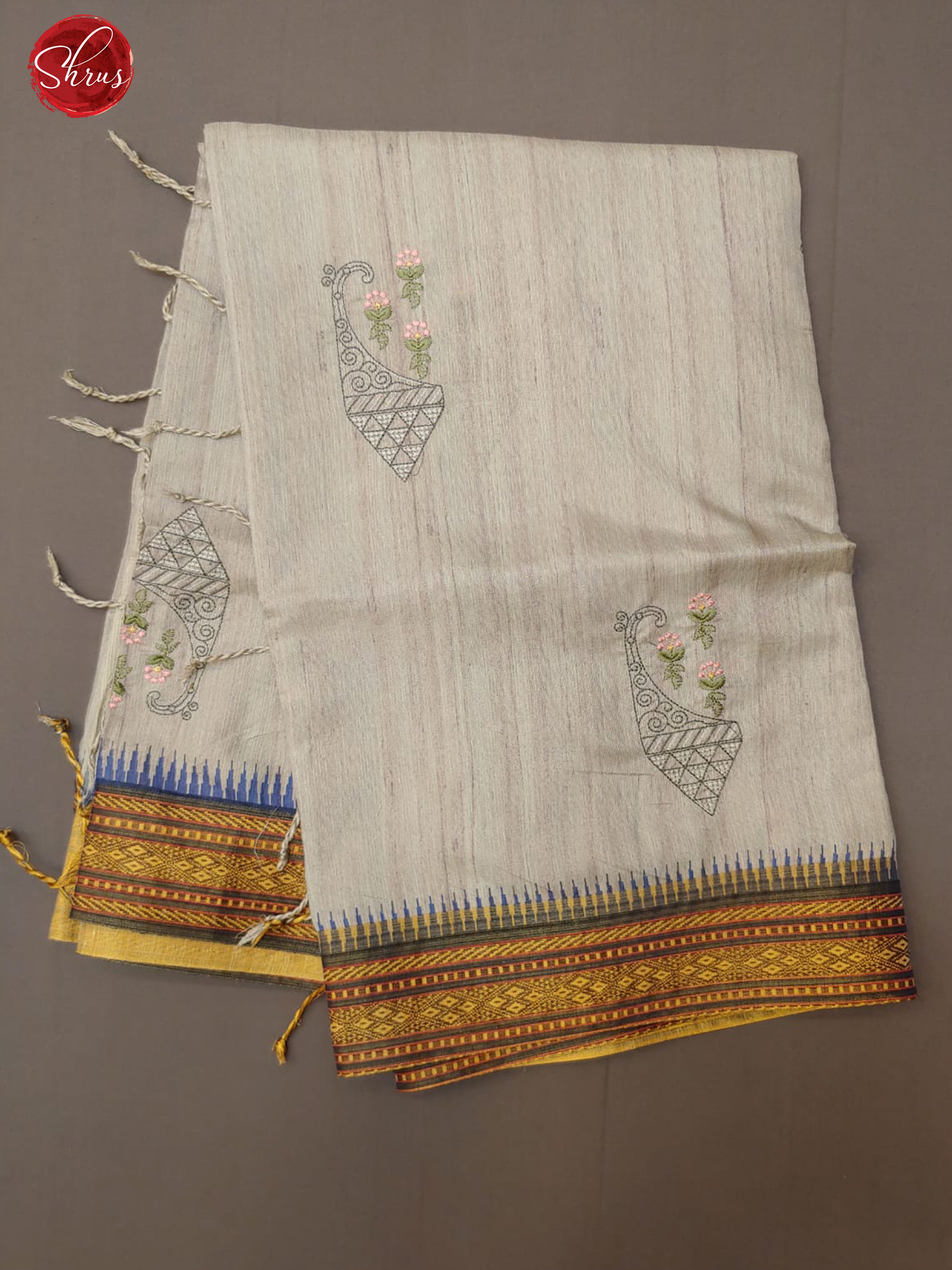 Grey  & Yellow- Semi Tussar with floral embroidery on the body & Contrast Zari Border - Shop on ShrusEternity.com
