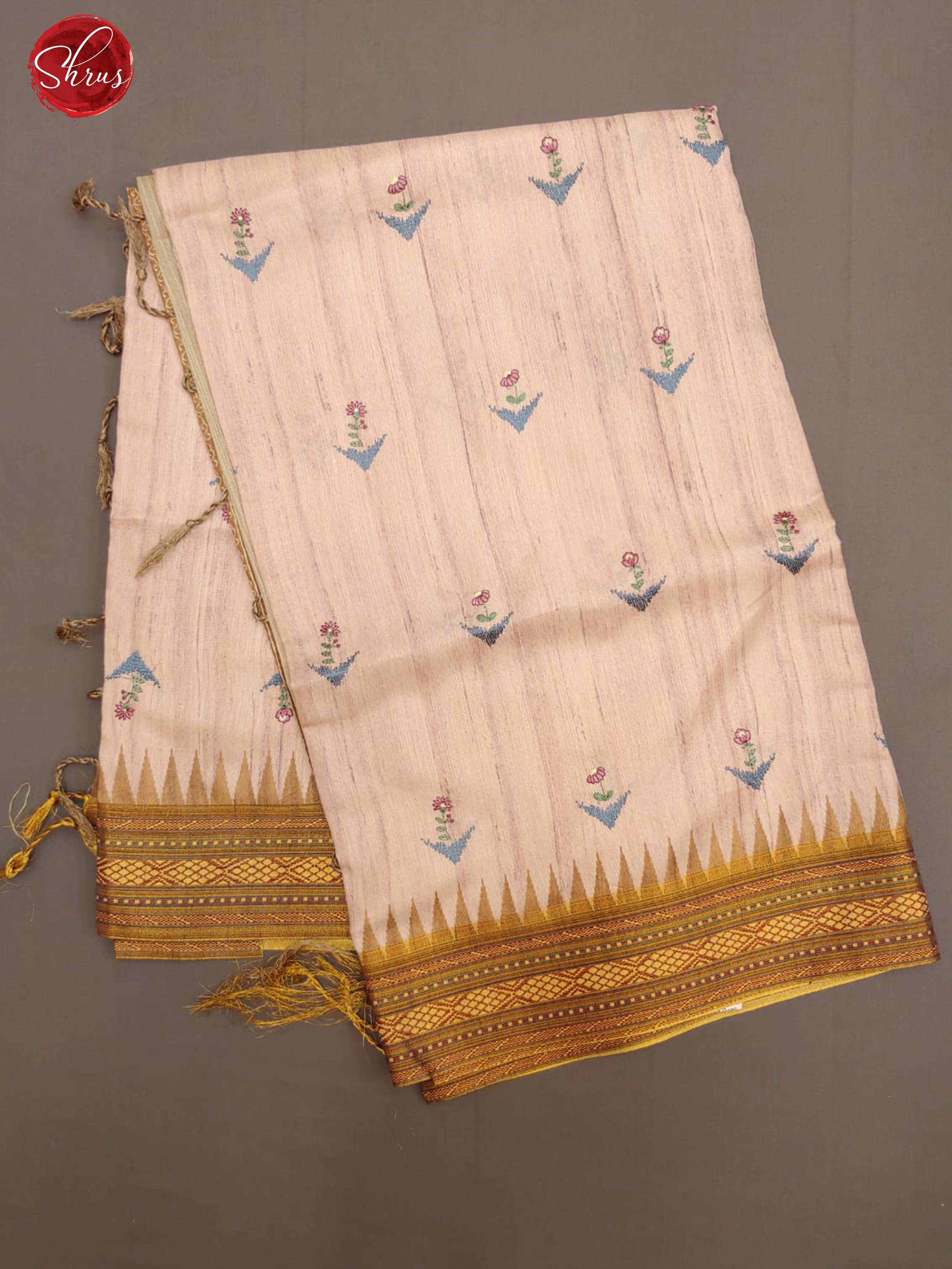 Pink &   Brown - Semi Tussar with  floral embroidery on the body & Contrast Zari Border - Shop on ShrusEternity.com
