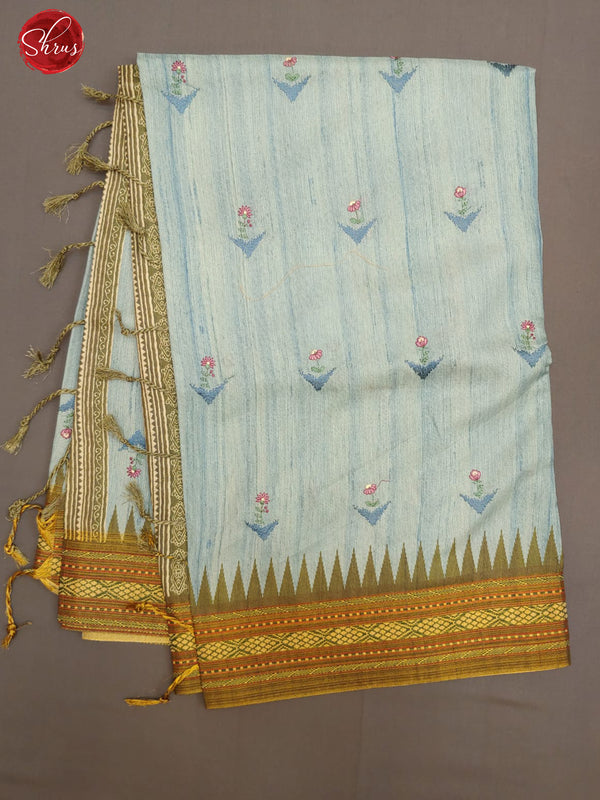Light Blue & Green - Semi Tussar with floral embroidery on the body & Zari Border - Shop on ShrusEternity.com
