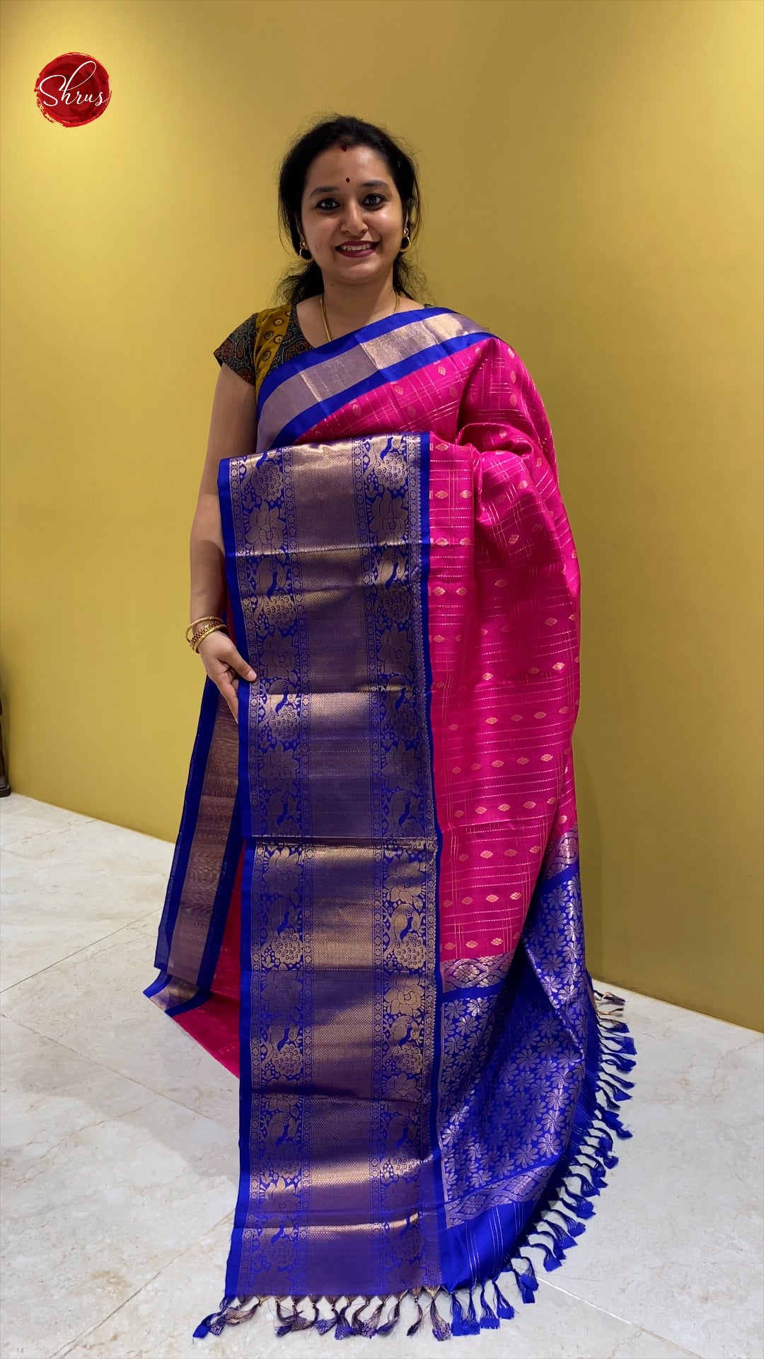 Pink & Blue - Soft Silk with zari woven checks , buttas on  the body  & Contrast Zari Border - Shop on ShrusEternity.com