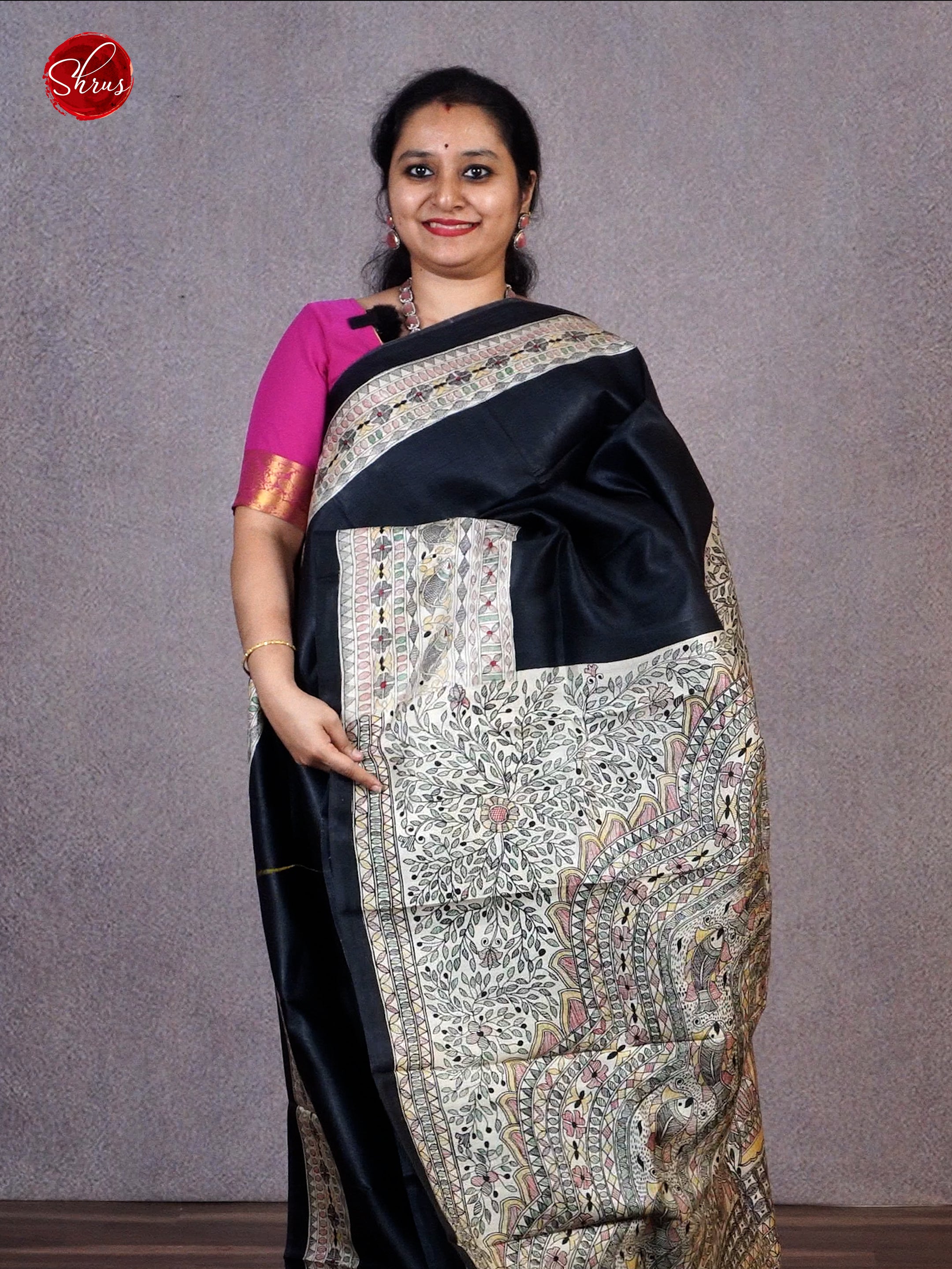 Black & Cream - Murshidabad Silk with plain body & printed Border - Shop on ShrusEternity.com