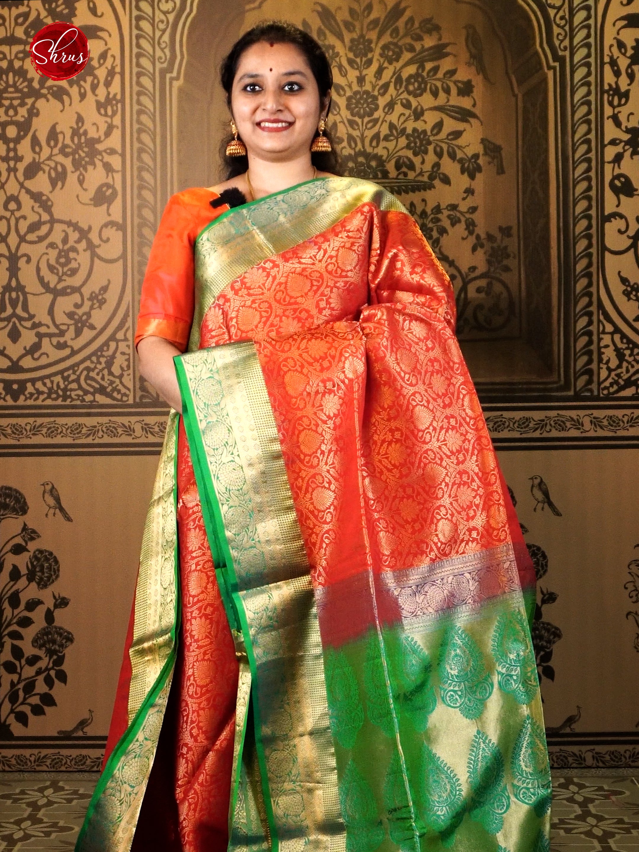 Red & Green - Soft Silk with zari woven floral nestling brocade on the body & Contrast Zari Border - Shop on ShrusEternity.com