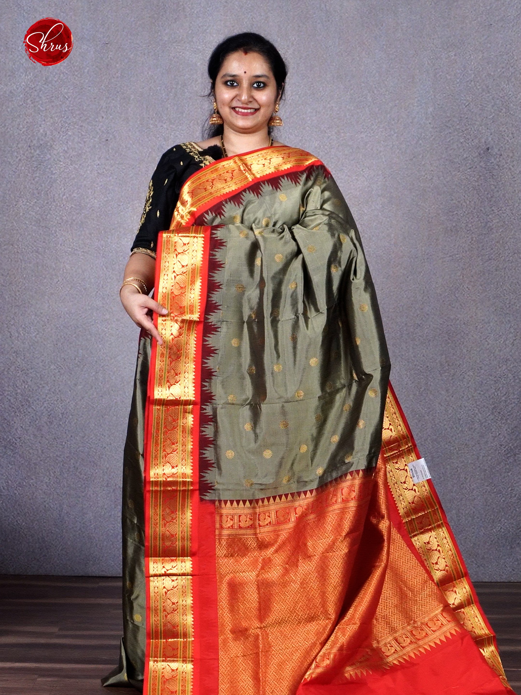 Grey & Red - Gadwal Silk with zari buttas on the body & Contrast Zari Border - Shop on ShrusEternity.com