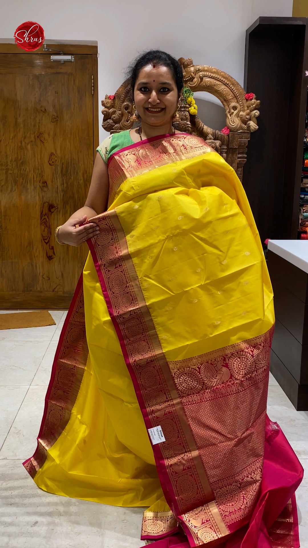 Yellow & Pink - Kanchipuram Silk with zari woven buttas on the body & Contrast Zari border - Shop on ShrusEternity.com