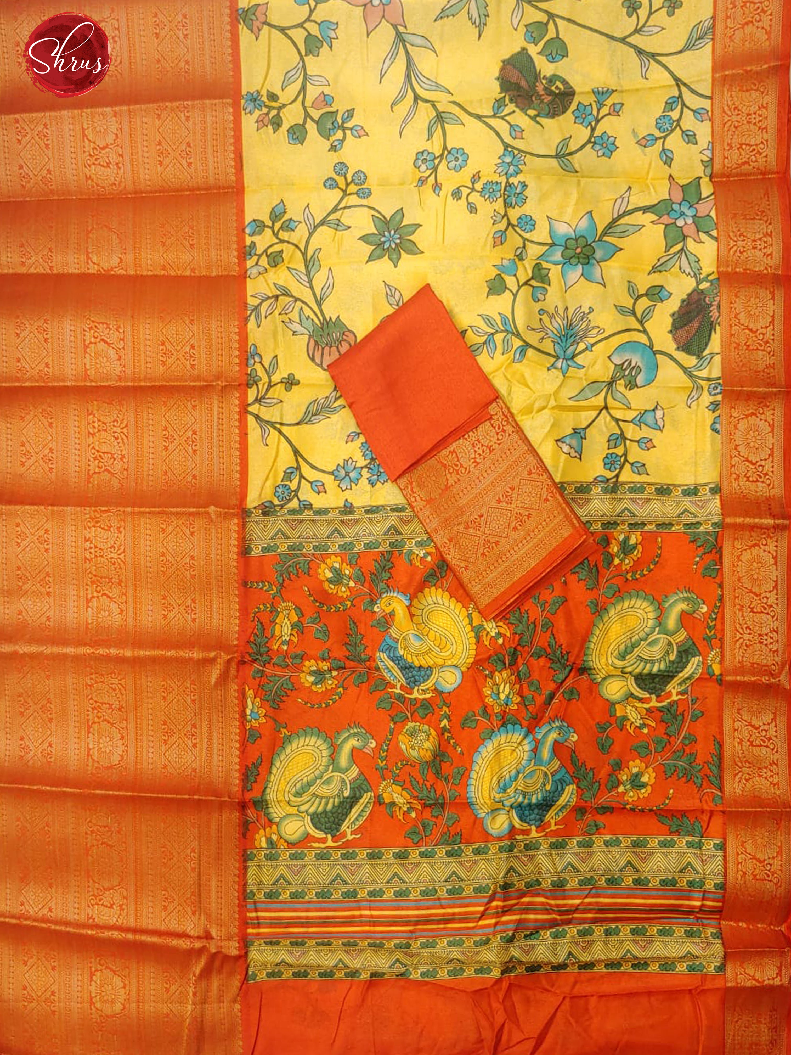 Yellow & Red - Semi Dupion with floral print on the body & Contrast Zari Border - Shop on ShrusEternity.com