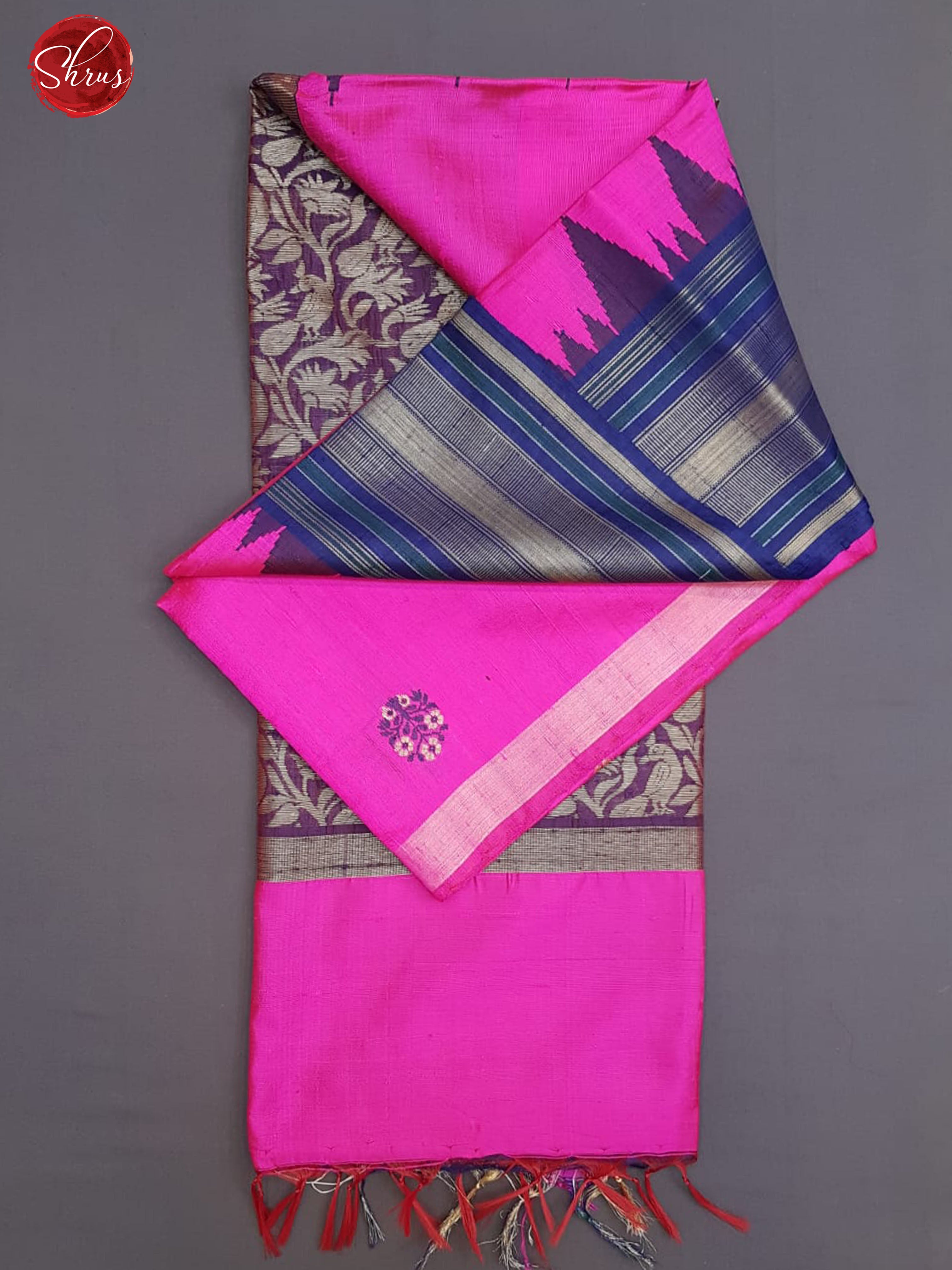 Pink & Blue - Raw Silk with thread woven floral motifs on the body & Contrast Border - Shop on ShrusEternity.com