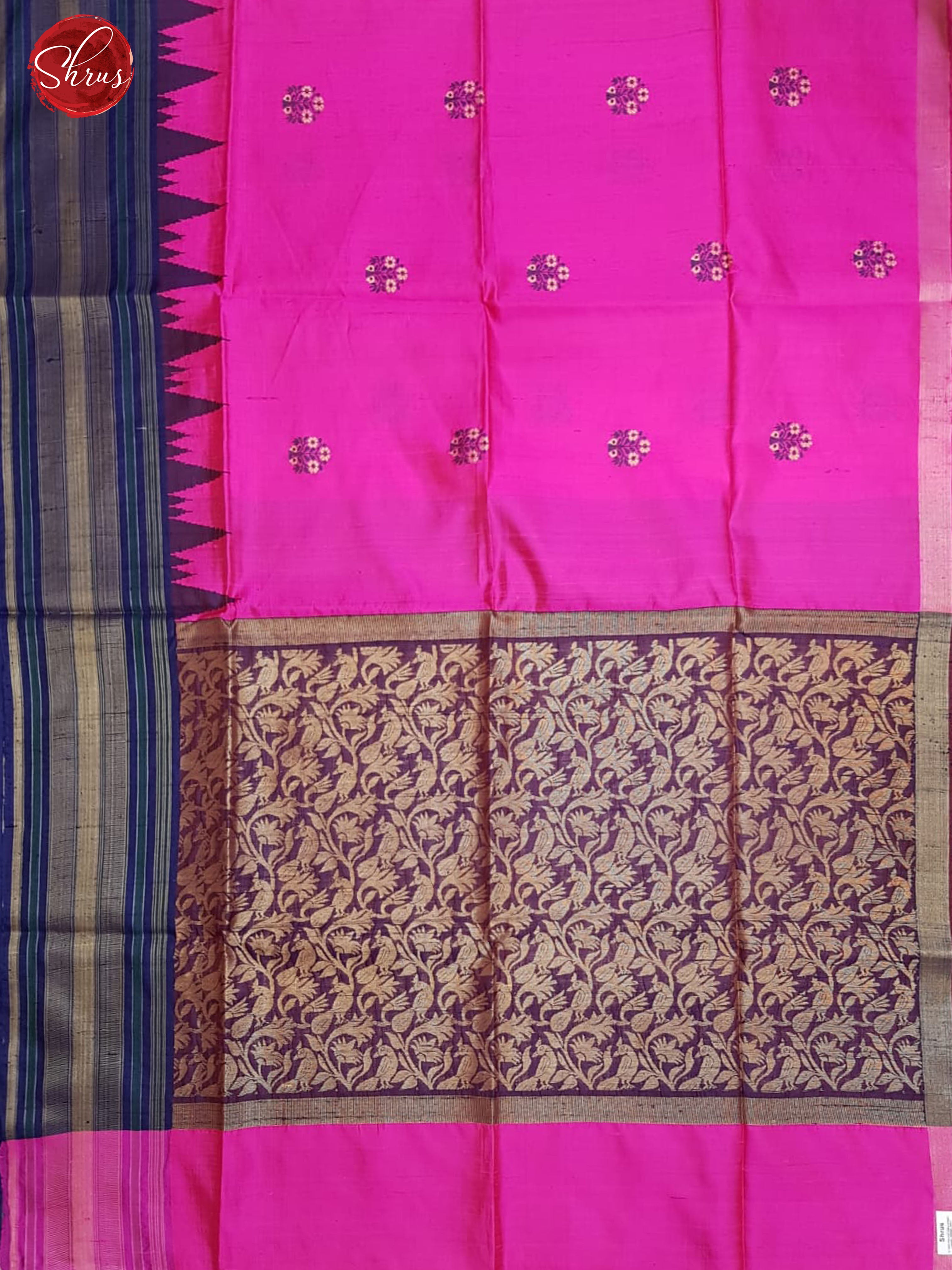 Pink & Blue - Raw Silk with thread woven floral motifs on the body & Contrast Border - Shop on ShrusEternity.com