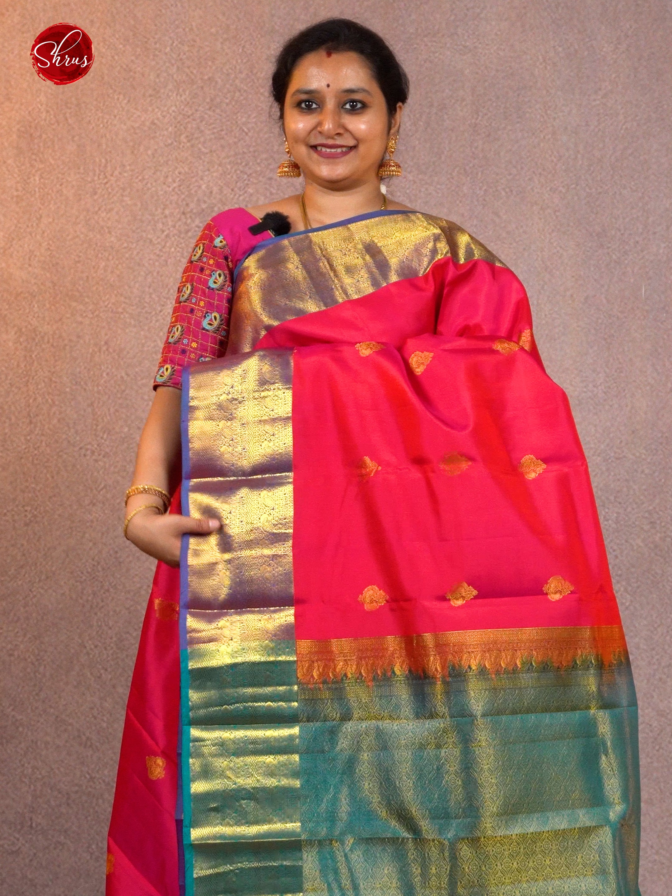 Pink & Teal - Kanchipuram Silk with zari woven floral buttas on the body & Zari Border - Shop on ShrusEternity.com