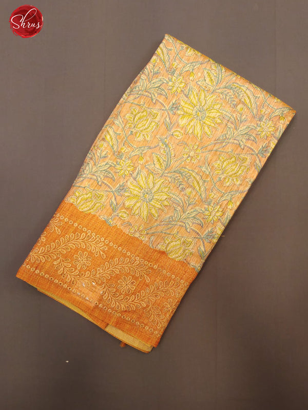 Orange(Single Tone)- Cut work Saree with floral print on the body & embroidered cut work floral border, pallu - Shop on ShrusEternity.com