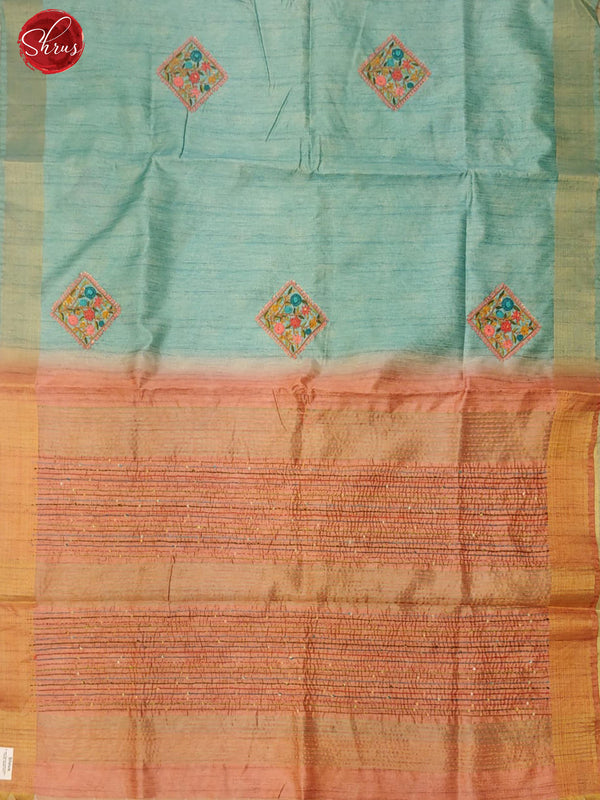 Pastel Blue & Pink - Semi Tussar with floral embroidery on the body & Zari Border - Shop on ShrusEternity.com