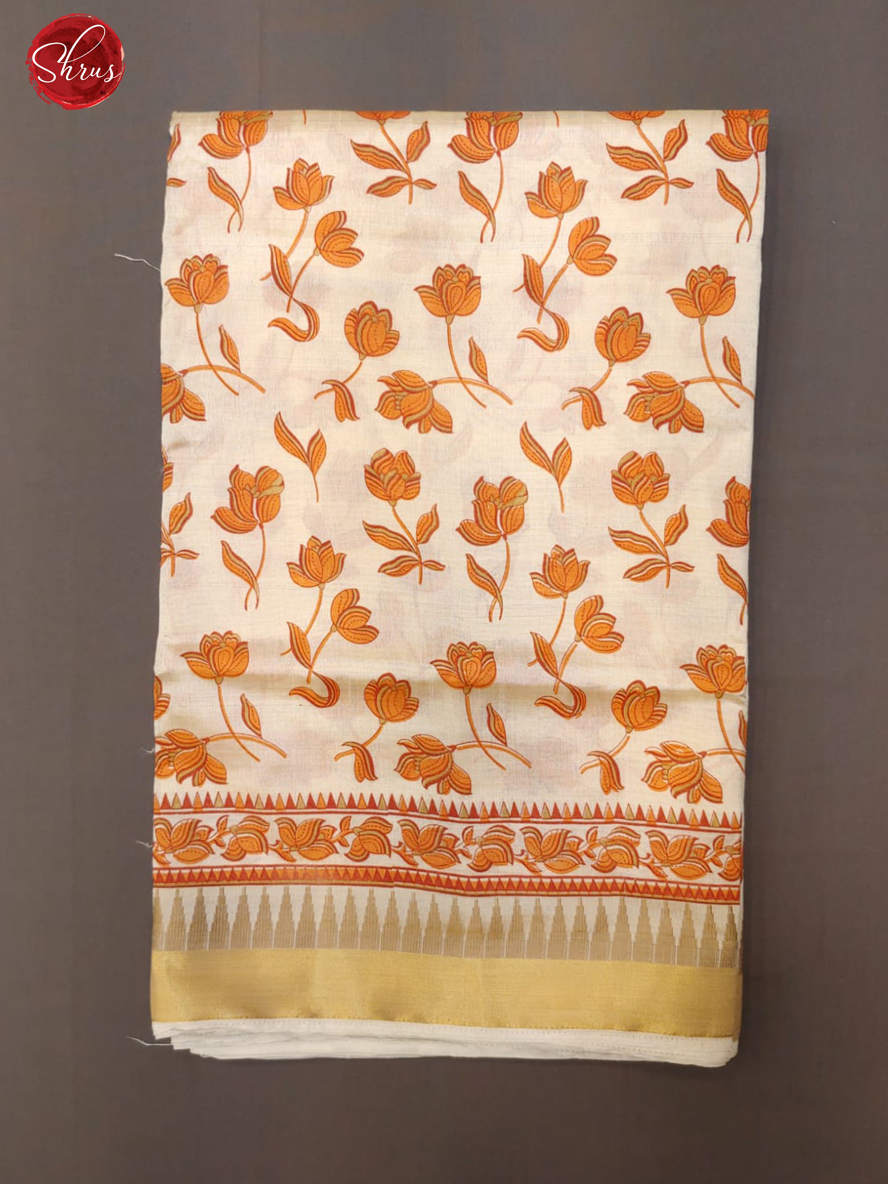 Cream & Orange- Semi Dupion with floral print on the body & zari Border - Shop on ShrusEternity.com
