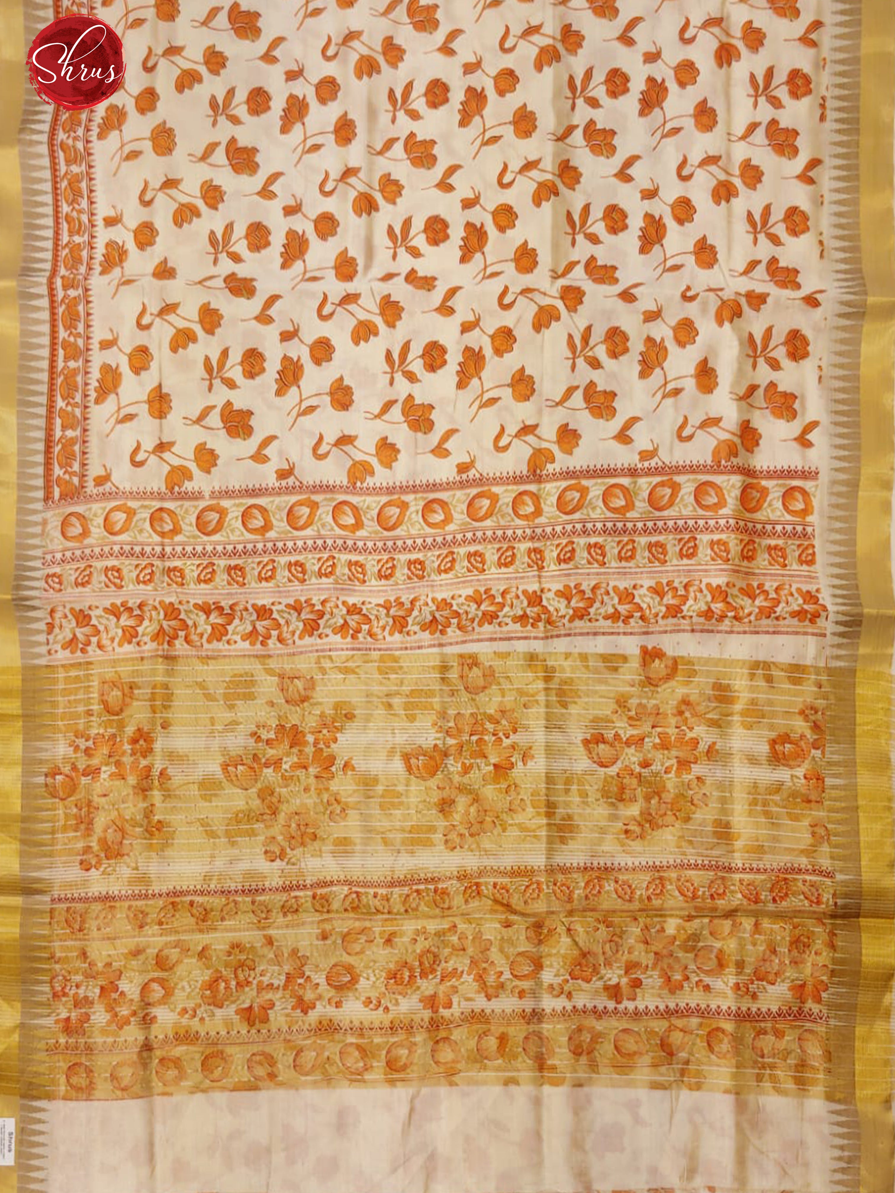 Cream & Orange- Semi Dupion with floral print on the body & zari Border - Shop on ShrusEternity.com