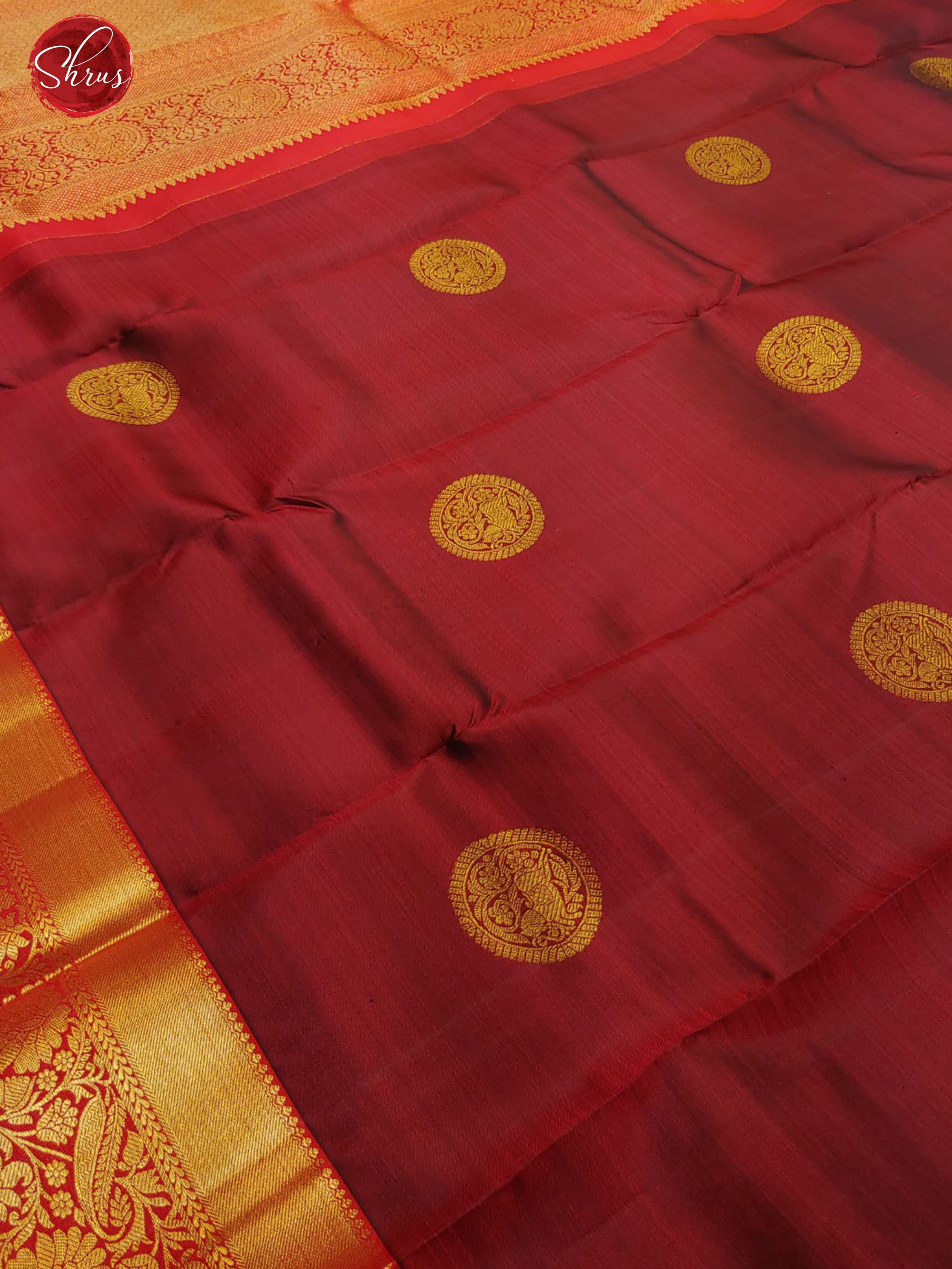 Maroon & Red - Kanchipuram Silk with Zari woven floral motifs on the Body & Zari Border - Shop on ShrusEternity.com