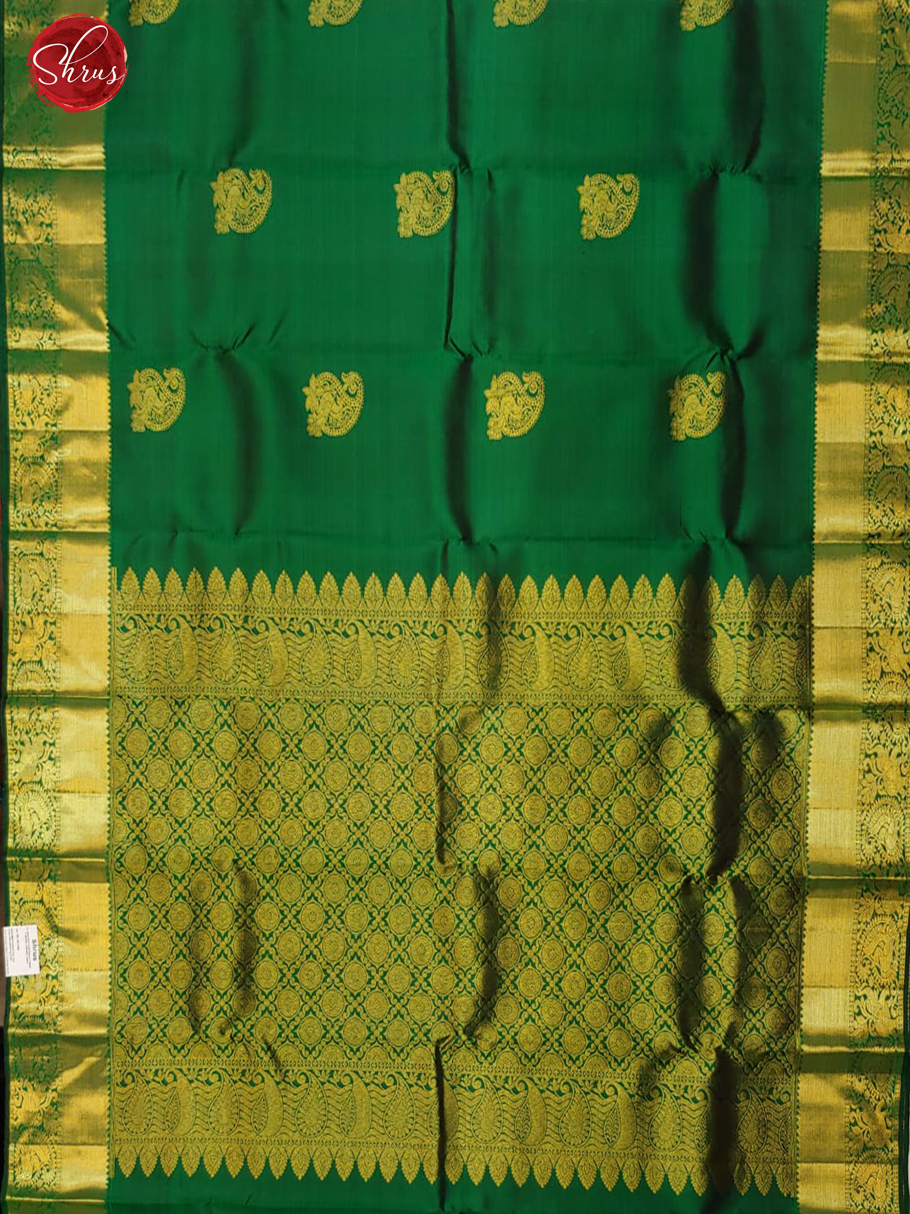 Green(Single tone)- Kanchipuram Silk with zari woven paisleys motifs on the body & Zari Border - Shop on ShrusEternity.com