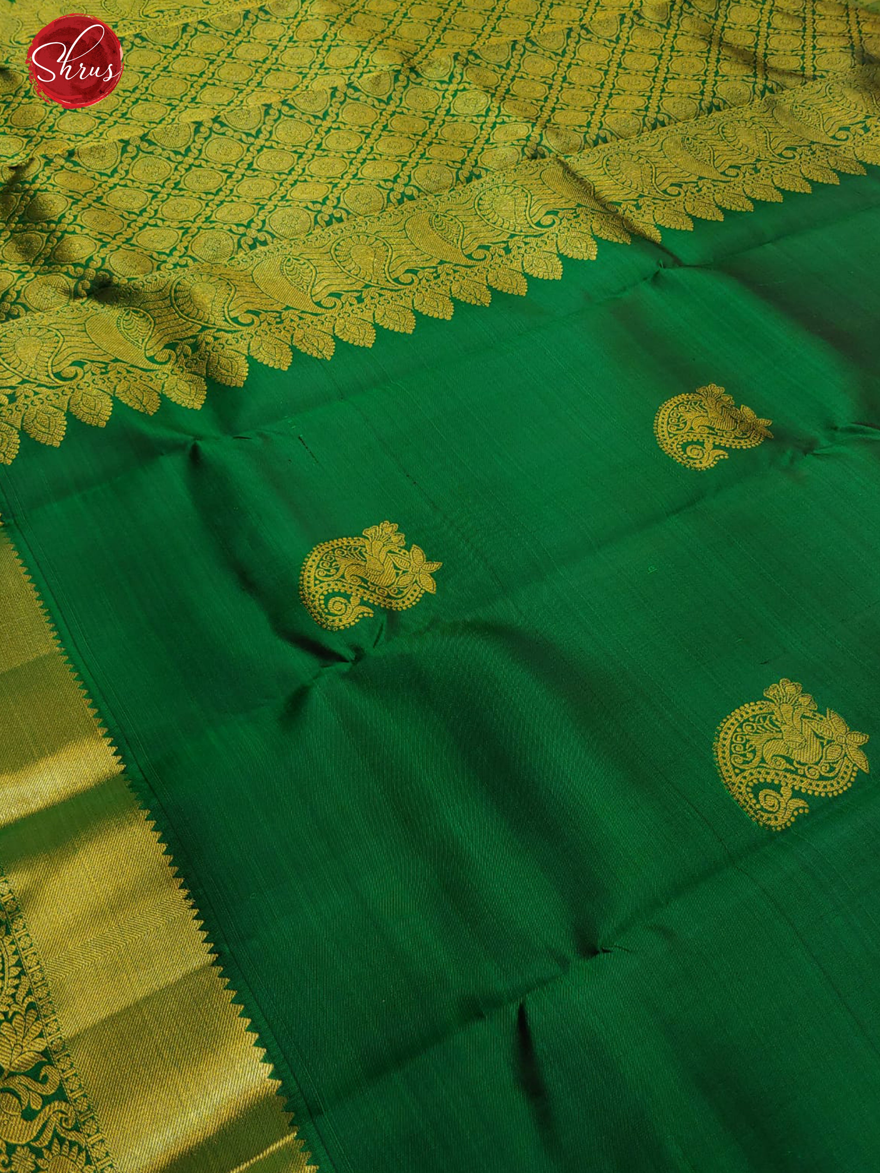 Green(Single tone)- Kanchipuram Silk with zari woven paisleys motifs on the body & Zari Border - Shop on ShrusEternity.com