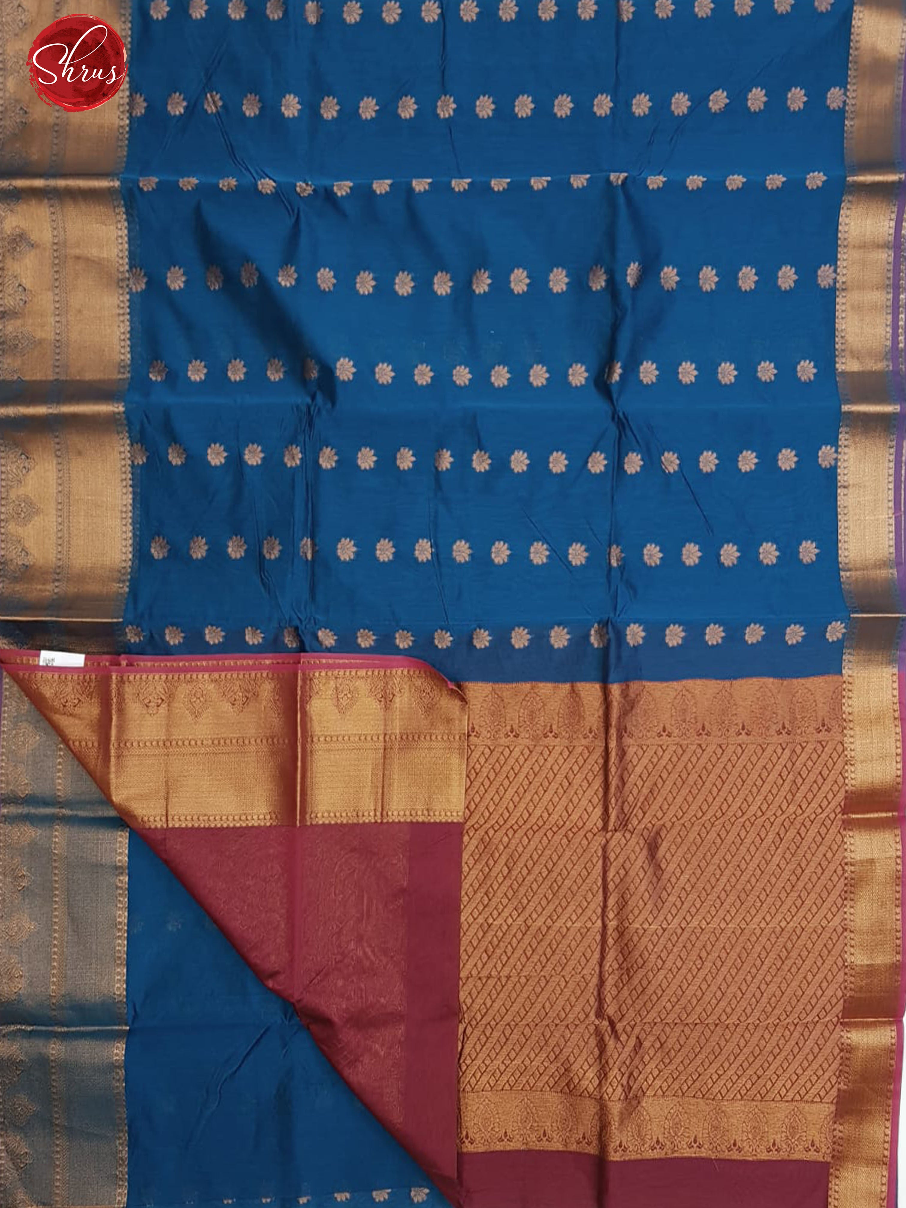 Blue & Pink - Semi Silk Cotton with zari buttas on the body &  Zari Border - Shop on ShrusEternity.com