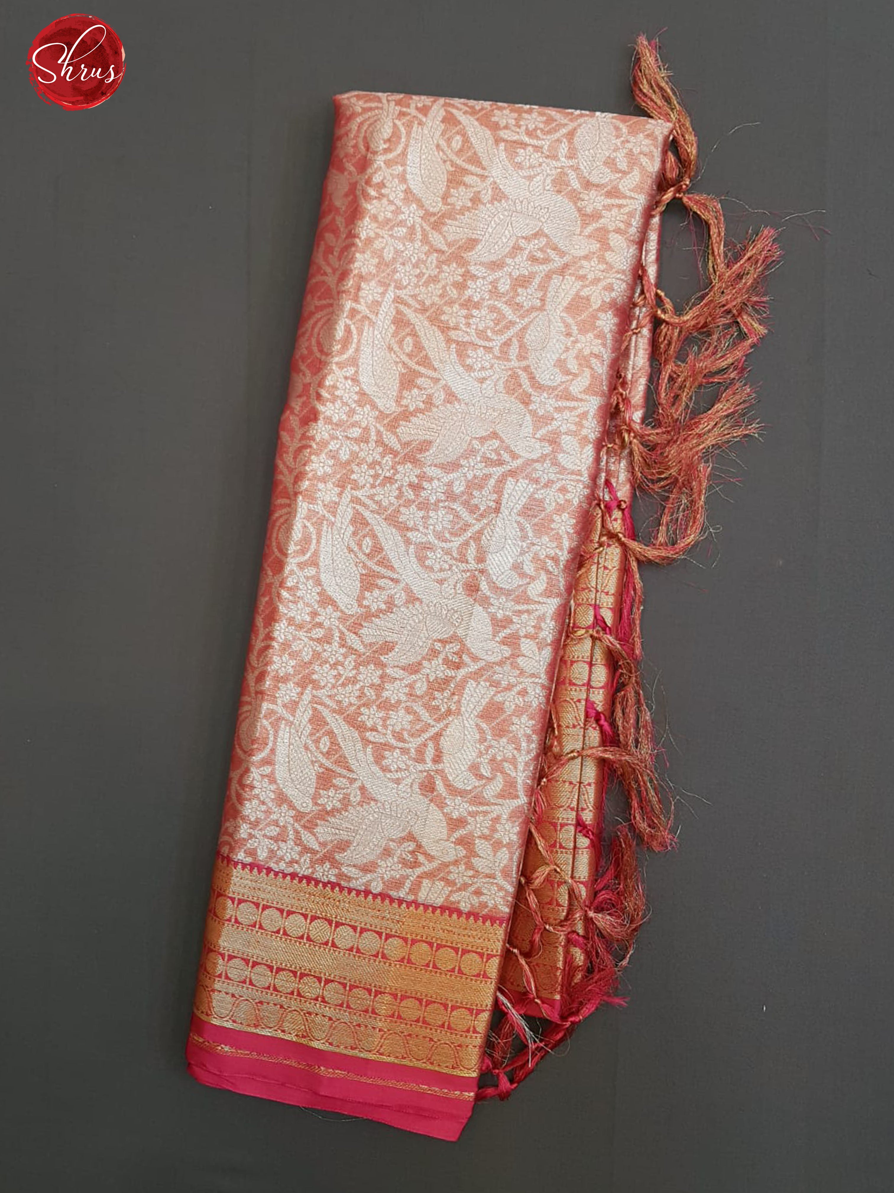 Orange & Pink - Kora Banarasi with zari woven bird motifs in floral brocade on the body & Zari Border - Shop on ShrusEternity.com