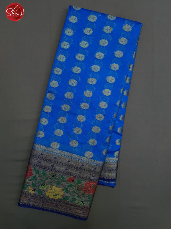 Blue(Single Tone)- Semi Banarasi with zari woven buttas on the body & Zari Border - Shop on ShrusEternity.com