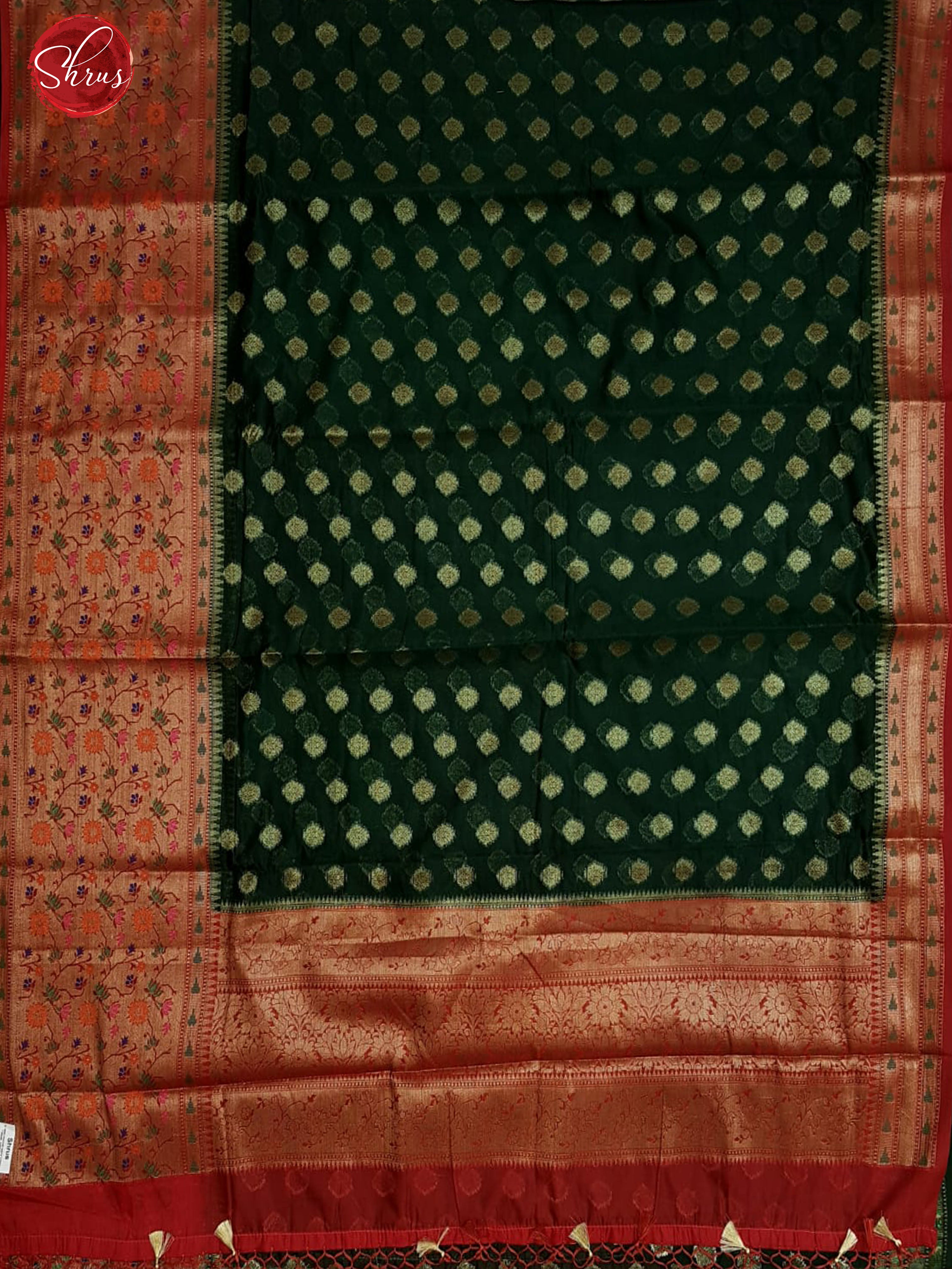Green & Red - Semi Banarasi with zari woven buttas on the body & Zari Border - Shop on ShrusEternity.com