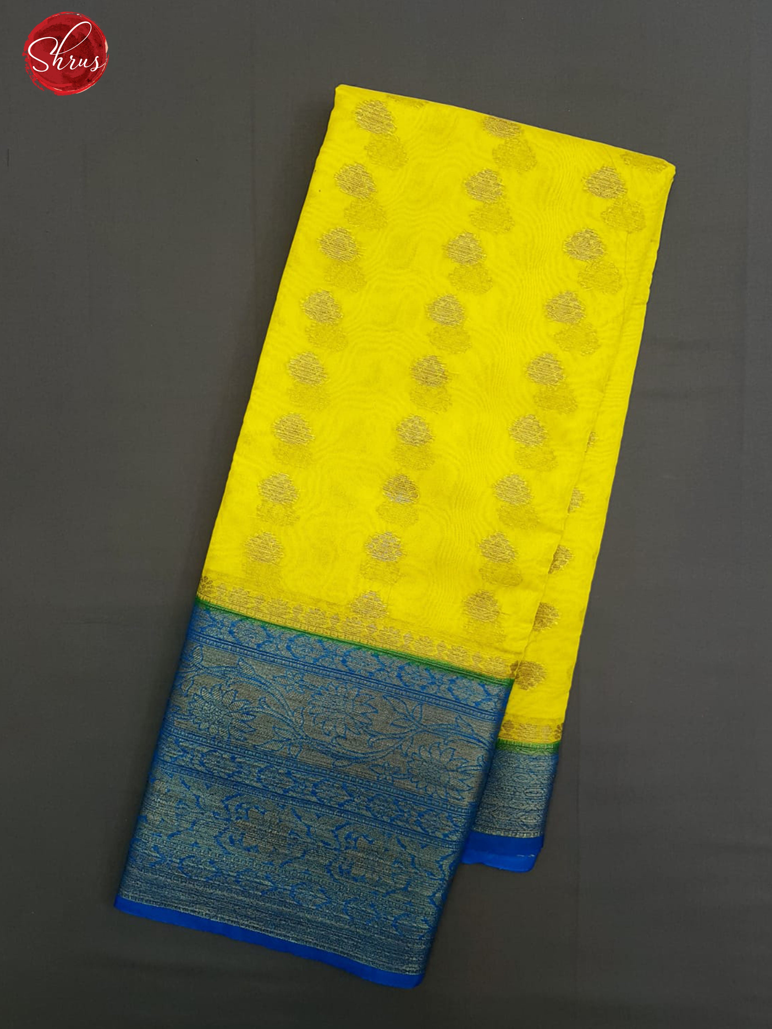 Yellow & Blue - Semi Banarasi with zari woven floral buttas on the body & Contrast Zari Border - Shop on ShrusEternity.com