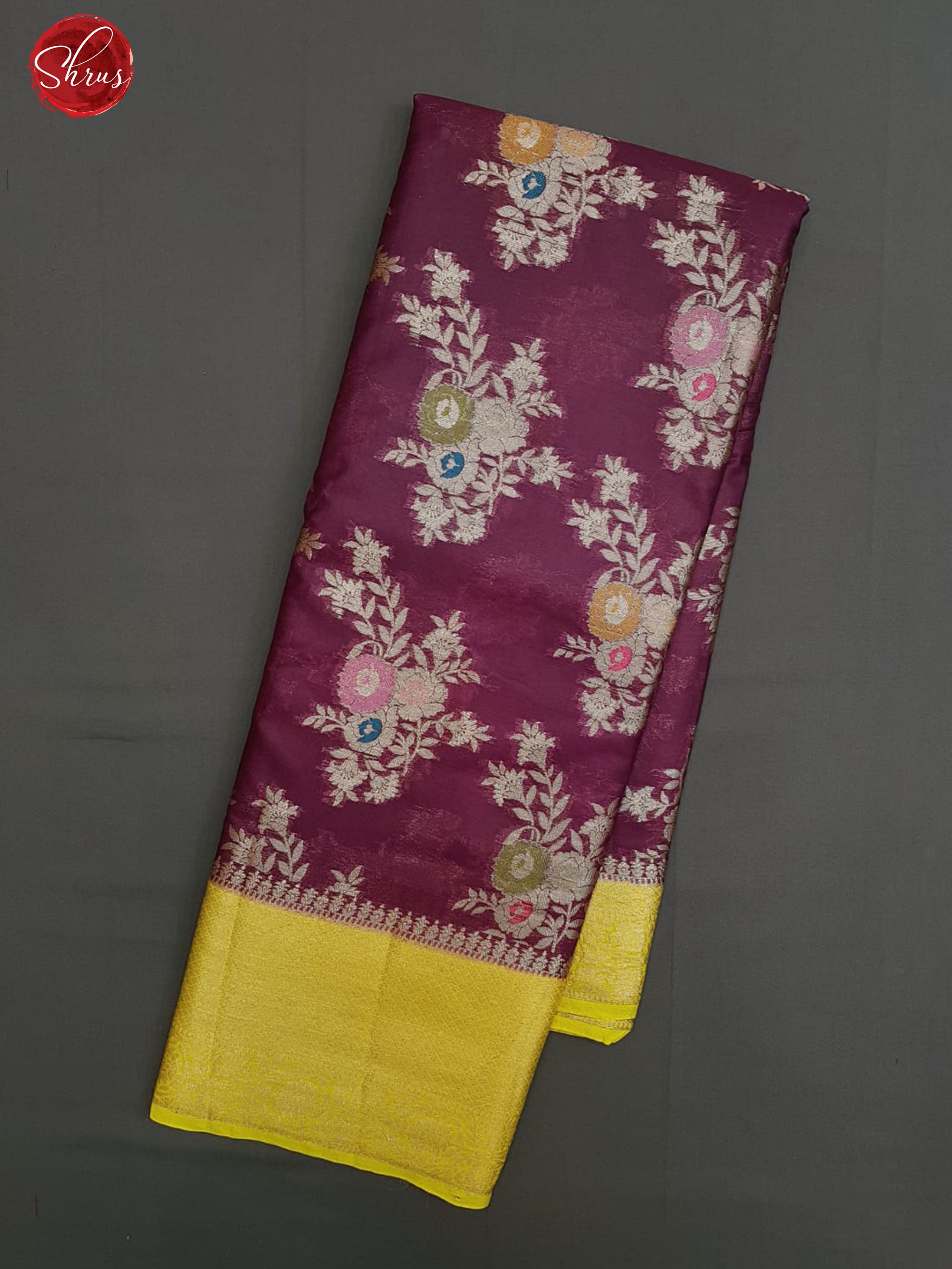 Wine  & Yellow - Semi Banarasi with zari woven floral motifs on the body  & Contrast Zari Border - Shop on ShrusEternity.com