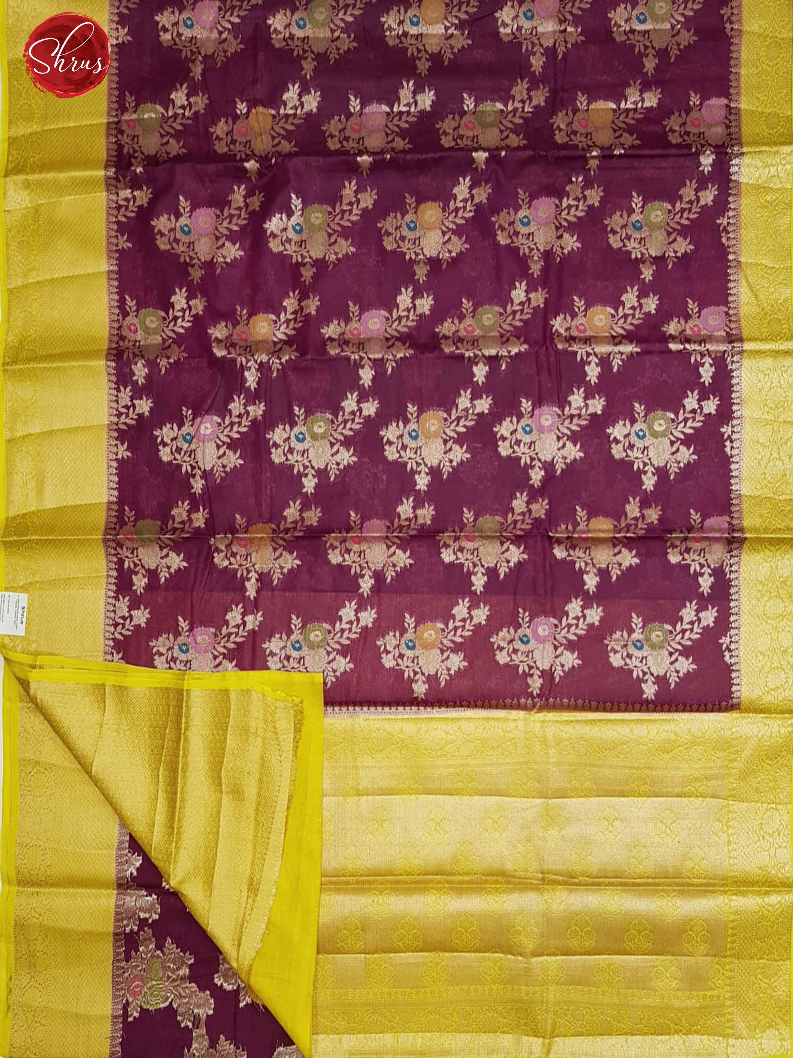 Wine  & Yellow - Semi Banarasi with zari woven floral motifs on the body  & Contrast Zari Border - Shop on ShrusEternity.com